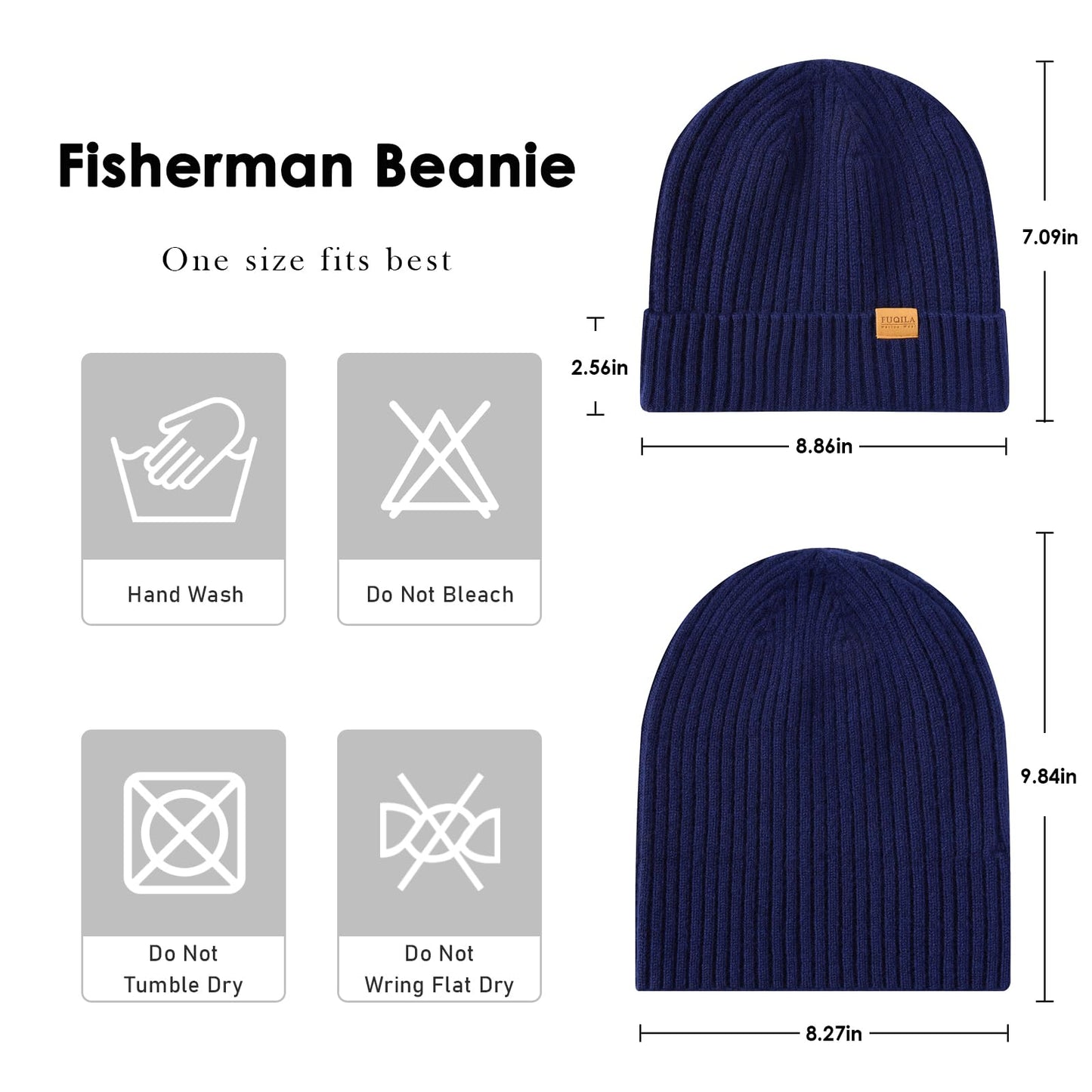 FUQILA 100% Merino Wool Fisherman Beanie Hat, Unisex Warm Winter Hats, Soft Breathable & Cozy Stretchy Knitted Short Cuffed Cap (Dark Blue)