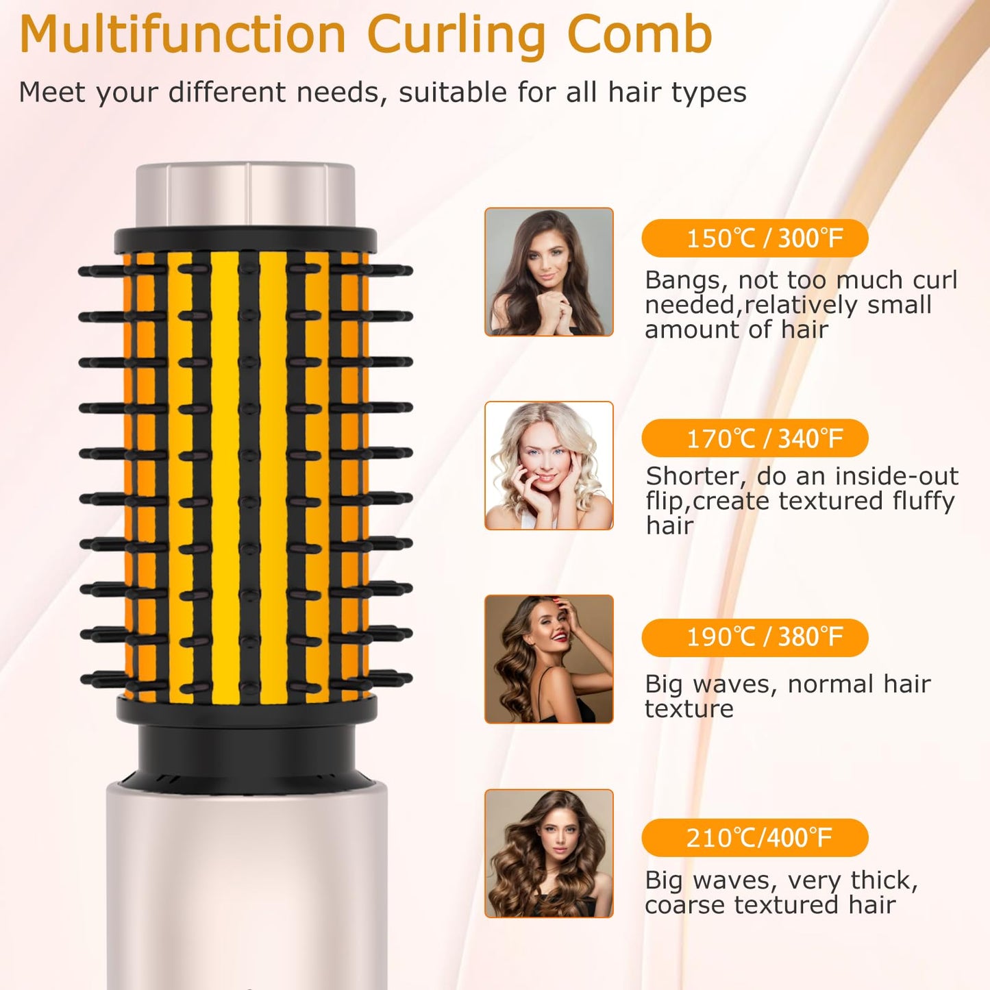 Cordless Hair Curling Iron Brush, Travel Hot Straightener Comb Curl Brush, 3-in-1 Portable Curling Iron Cordless Wand, USB Rechargeable Curling Wand-Blush(Gold)