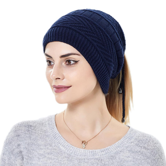 Windproof Warmer Winter Hat with Ponytail Hole,Adjustable Rope Ponytail Hat, Neck Gaiters Scarf Beanie for Women Men (Navy Blue)