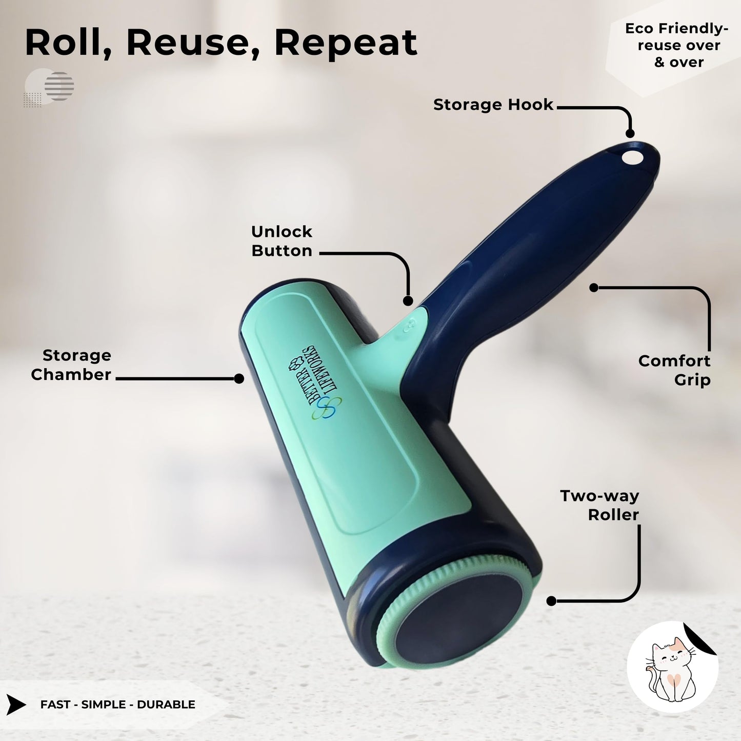 Better Lifeworks Reusable Pet Hair Remover-Lint Roller for Couch, Furniture, Carpet, Clothing and Bedding, Eco-Friendly Cat and Dog Hair Remover, Portable Pet Hair Removal Tool in Mint Green