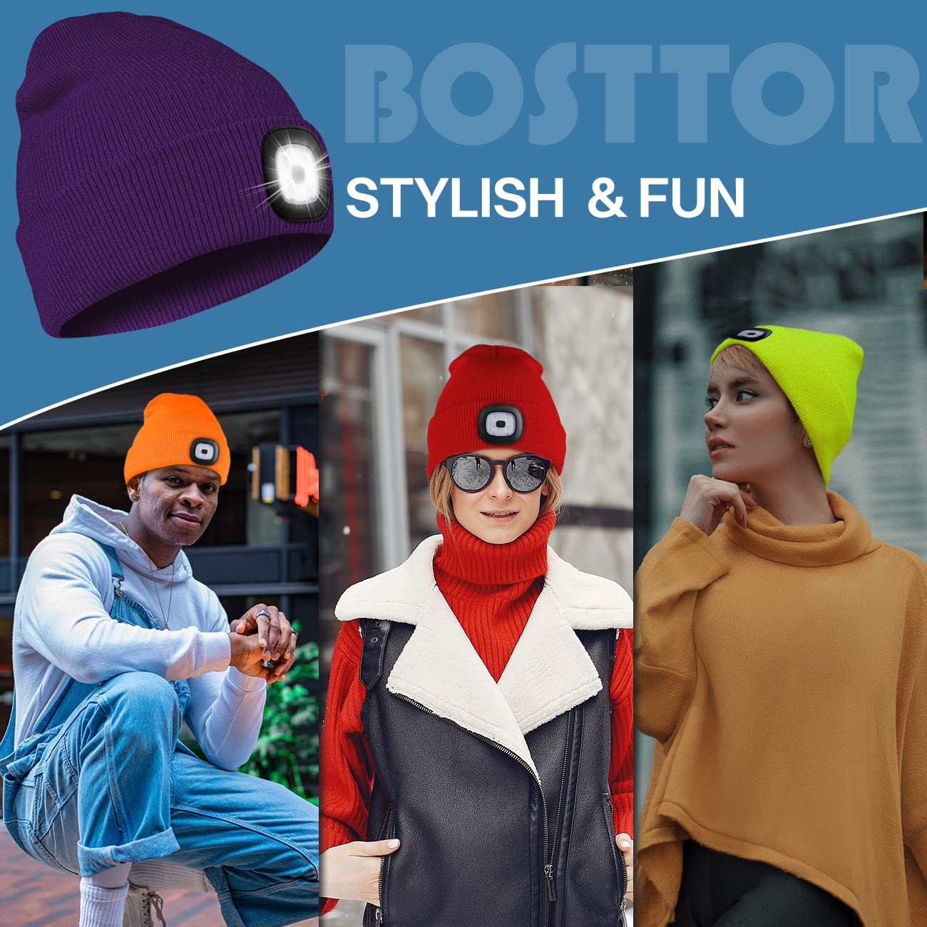 Bosttor LED Beanie Hat with Light, Rechargeable Headlamp Cap, Unisex Winter Warm Knitted Hats, Headlight Flashlight for Running Hiking Camping,Tech Gifts for Men Women Handyman Teens