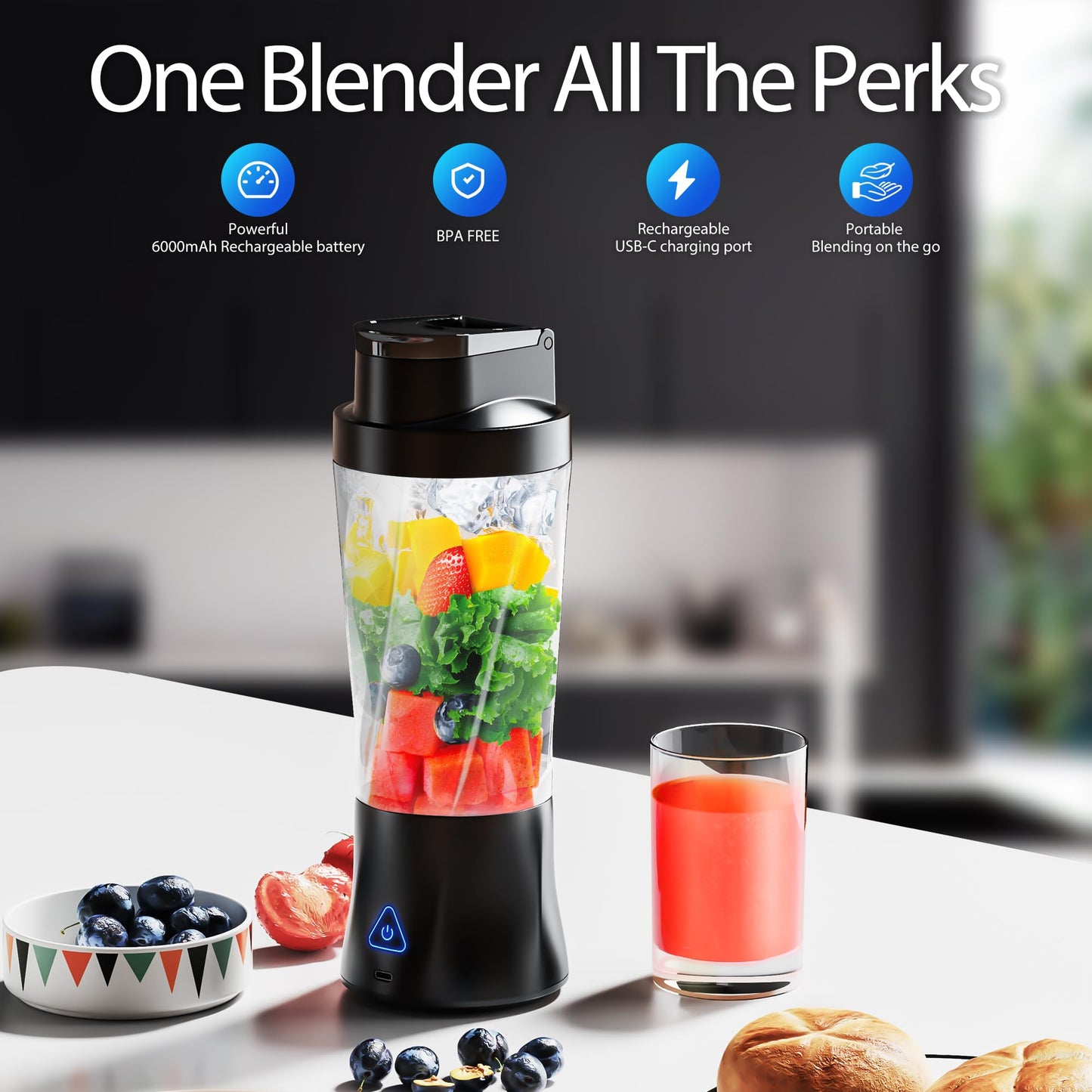 Portable Blender, Cordless, 24oz. Vessel, Personal Blender-for Shakes & Smoothies, BPA Free, Leakproof-Lid & Sip Spout, USB-C Rechargeable & Self Cleaning - Travel with 6 Sharp Blade, Black