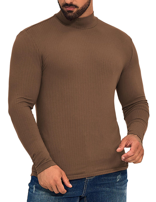 ZAFUL Mens Long Sleeve Turtleneck Undershirt Casual Knit Pullover Thermal Sweater Shirts Ribbed Tee for Fall Winter Brown L