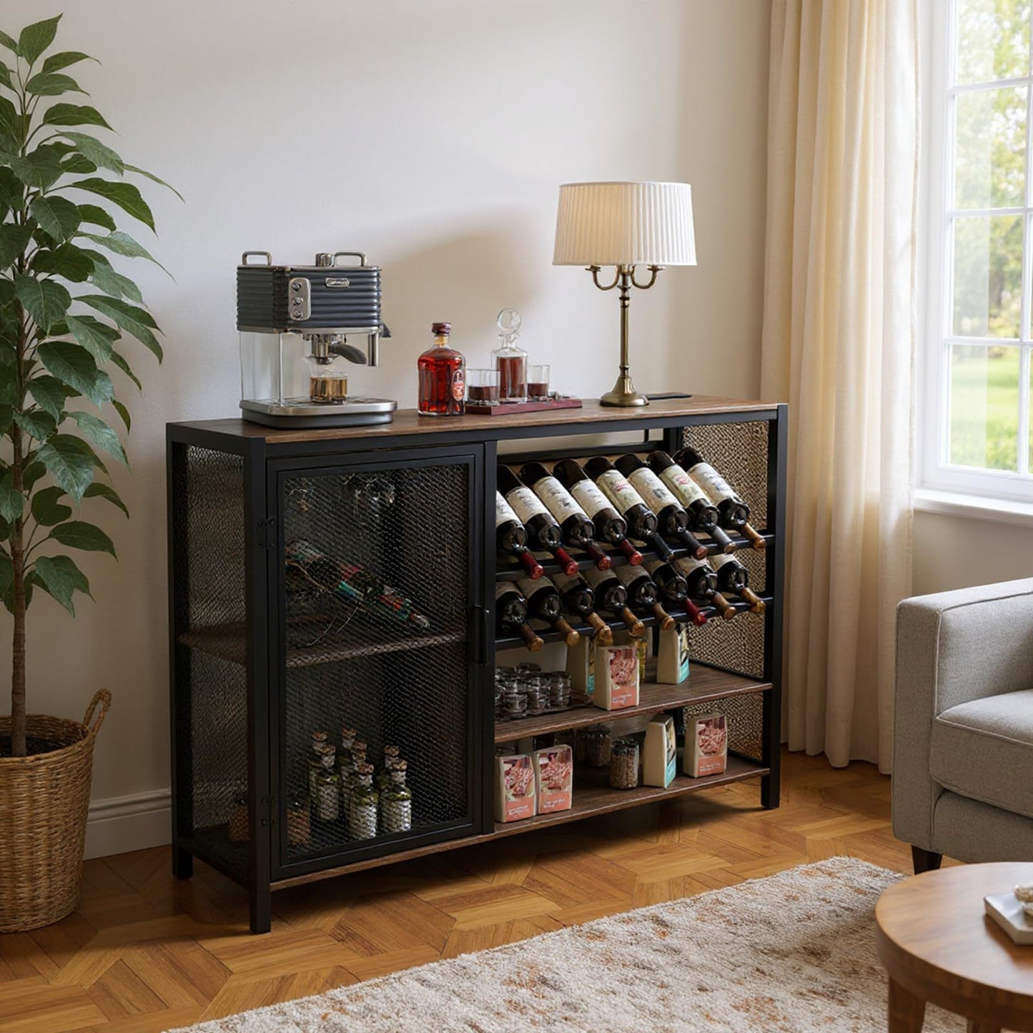 Wine Bar Cabinet with Socket and RGB Light, 47'' Home Coffee Bar Cabinet with Wine Rack and Glass Holder Buffet Sideboard TV Stand Liquor Cabinet for Living Room, Dining Room, Kitchen, Bar Grey
