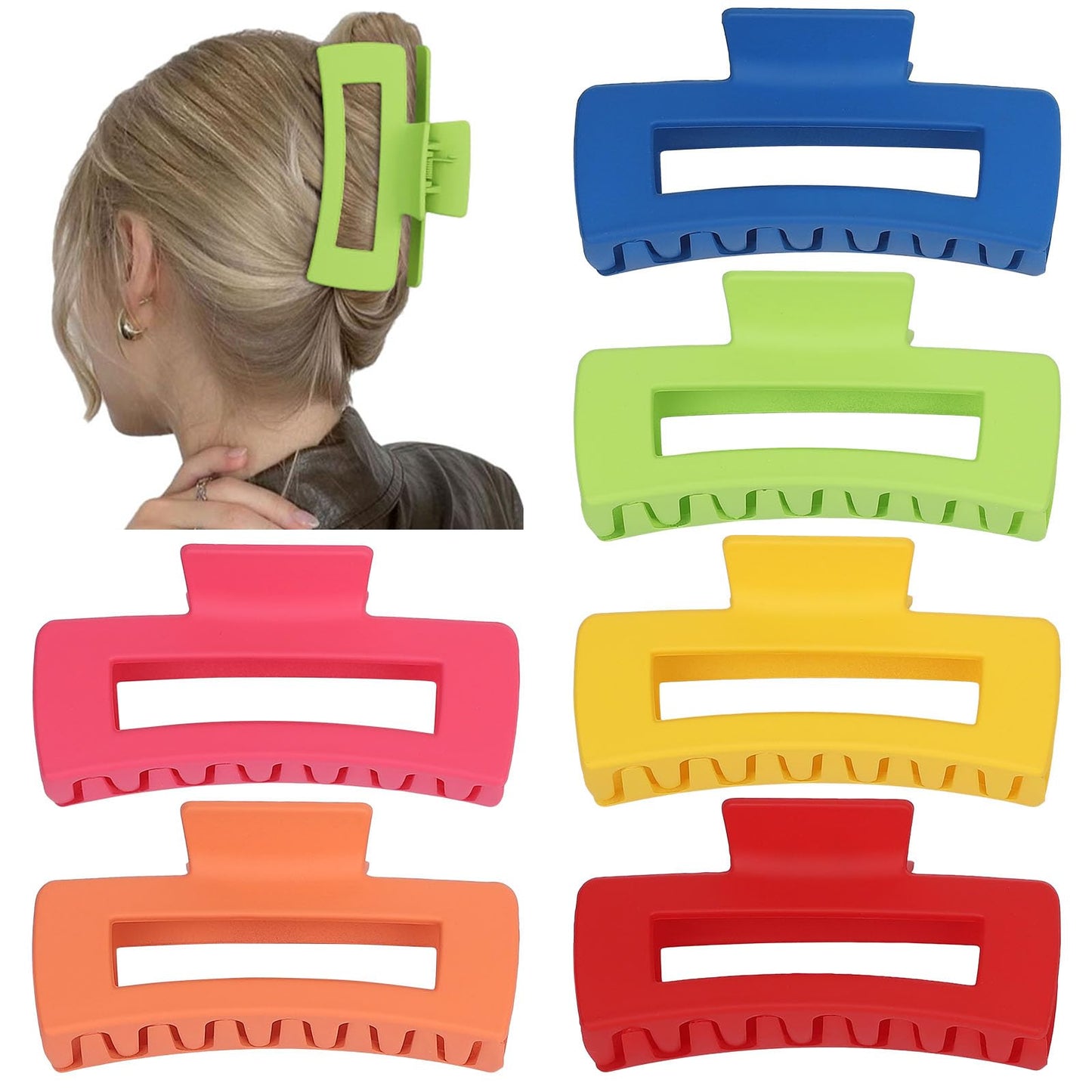 Sisiaipu 4 Inch Big Hair Claw Clips - 6 Pcs Large for Thick Hair, Square and Rectangle, Banana Jaw Clips, Hair Accessories for Women and Girls - Dopamine