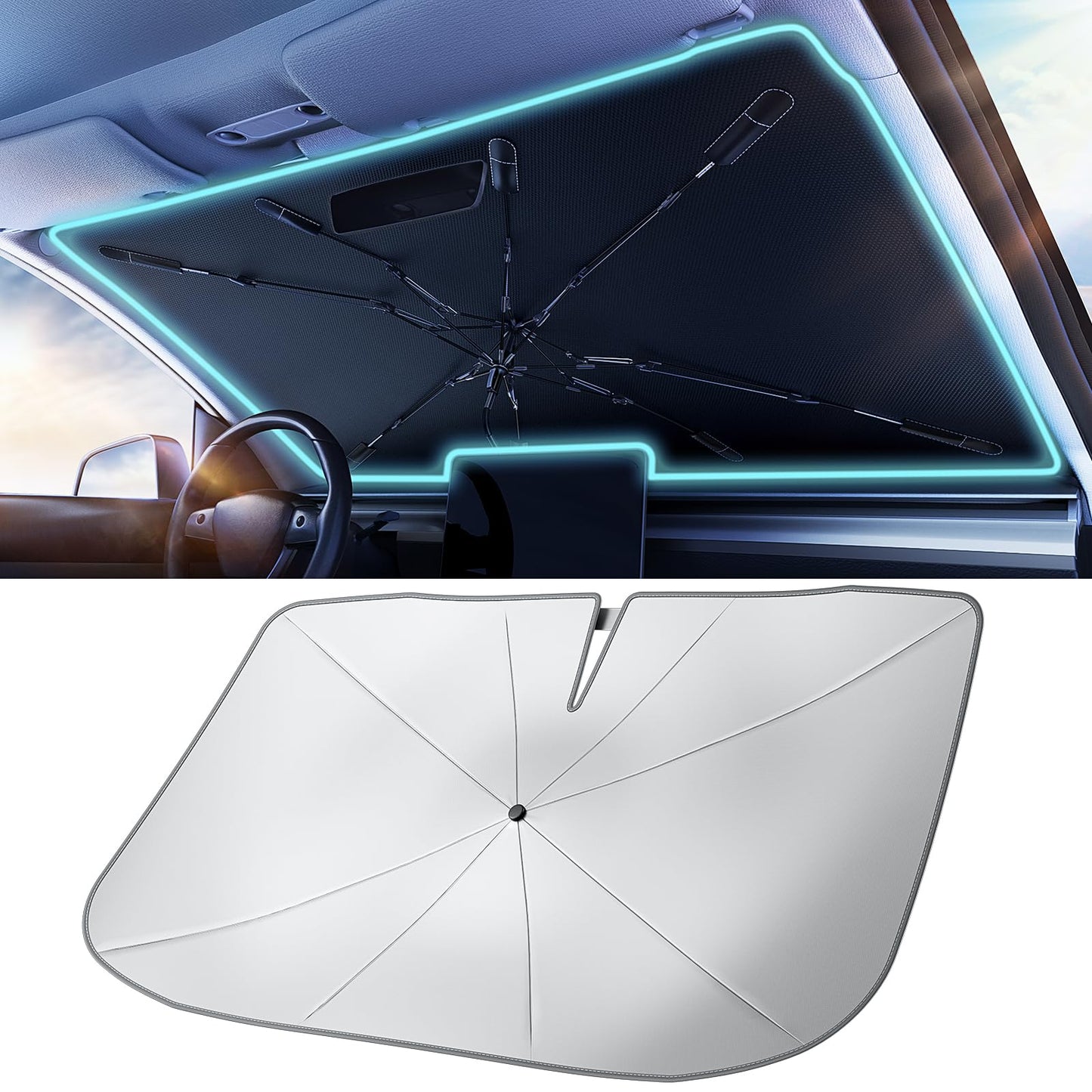 [2025 Upgrade] TrySpace Car Windshield Sun Shade Umbrella - [Silver Heat Shield & UV Reflective] Protector for Cars, Universal Fit Medium (56"x31") | 25°F Cooler, Friendly Vinyl Coatings Medium