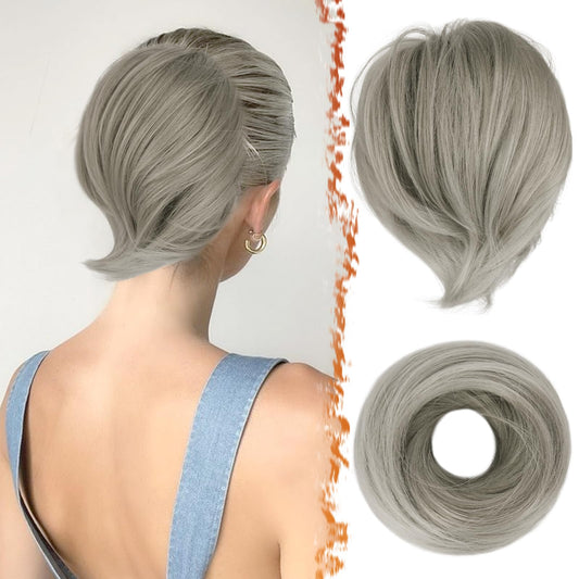 BARSDAR Gray Hair Bun Extensions - Synthetic Fully Short Straight Ponytail Hair Bun Extensions for Women, Elastic Gray Hair Bun Scrunchies Messy Bun Hairpieces Daily- Gray Mixed
