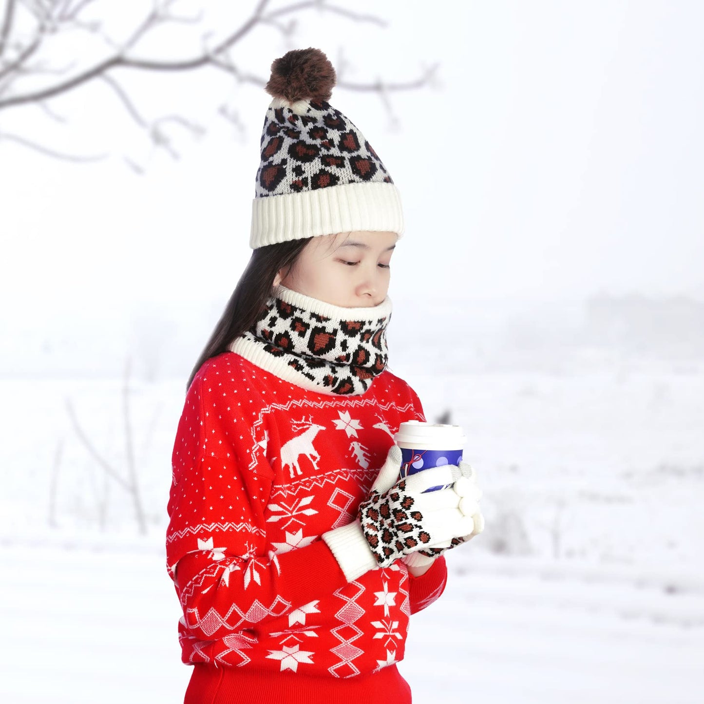 3 Pcs Leopard Print Winter Hat Gloves Scraf with Knit Plush Lined Set for Women and Teenagers