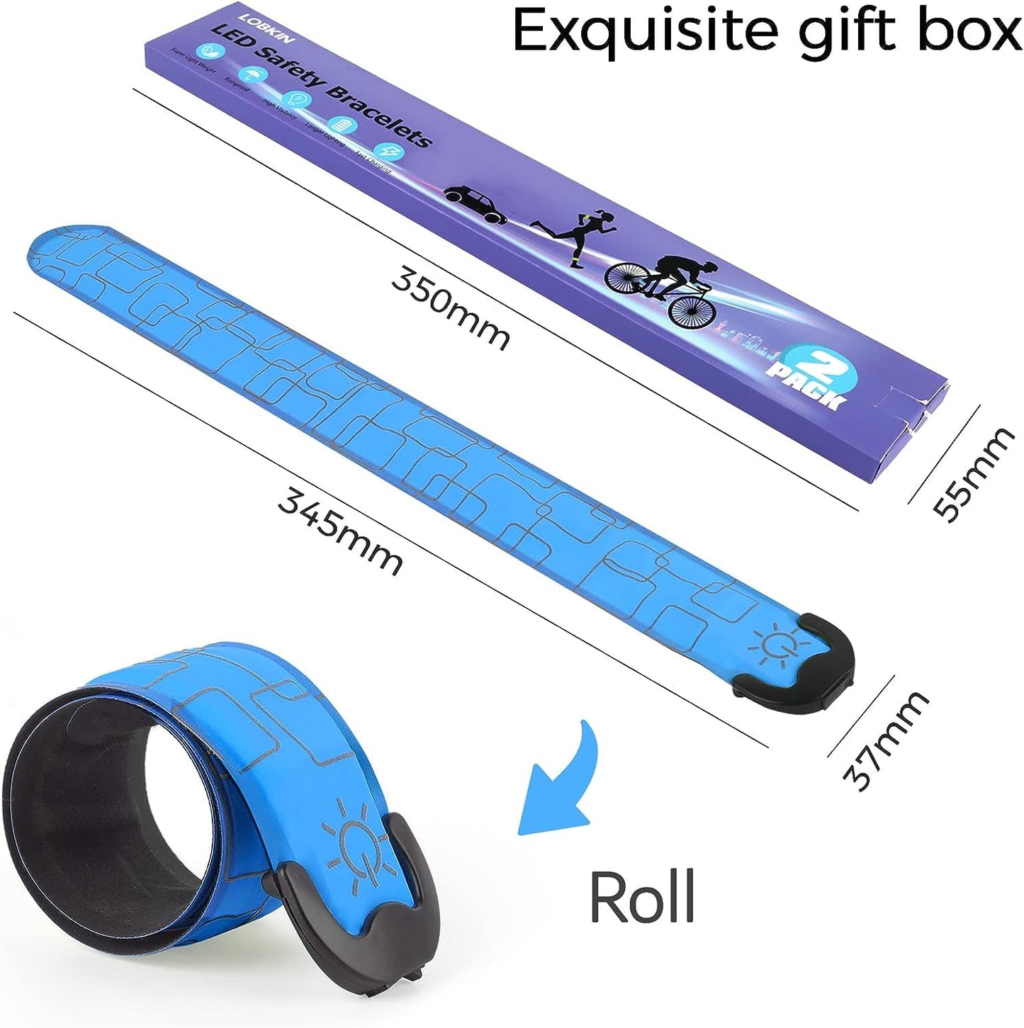 LOBKIN 2 Pcs Rechargeable Safety Bracelets - LED Slap Armband Kids Night Safe Walking Wrist Band Reflective Belt - Magic Band Running Lights Gear for Runners Joggers Bikers