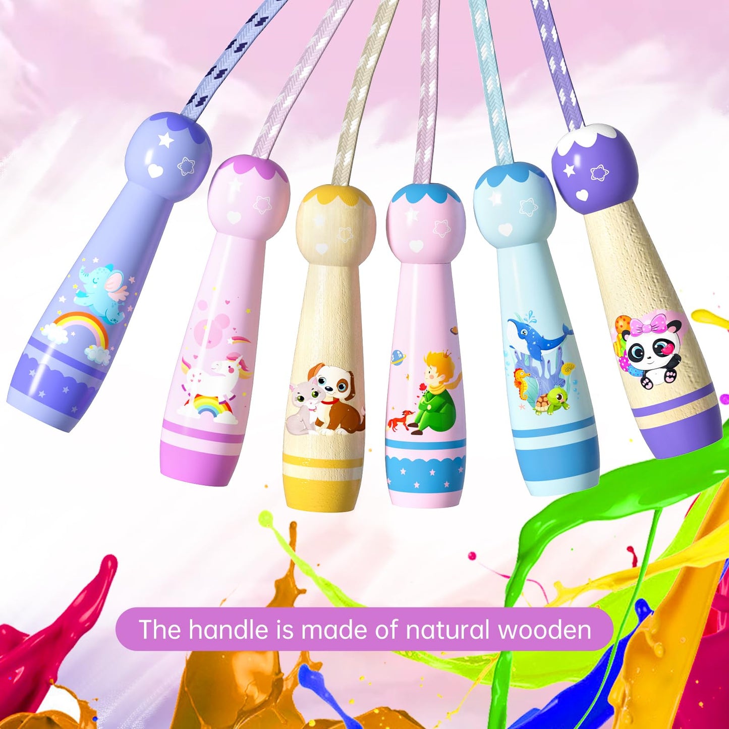 Jump Rope for Kids-Adjustable Cotton Braided Skipping Rope with Wooden Handle for Toddler Fitness Workout Exercise Outdoor Activity