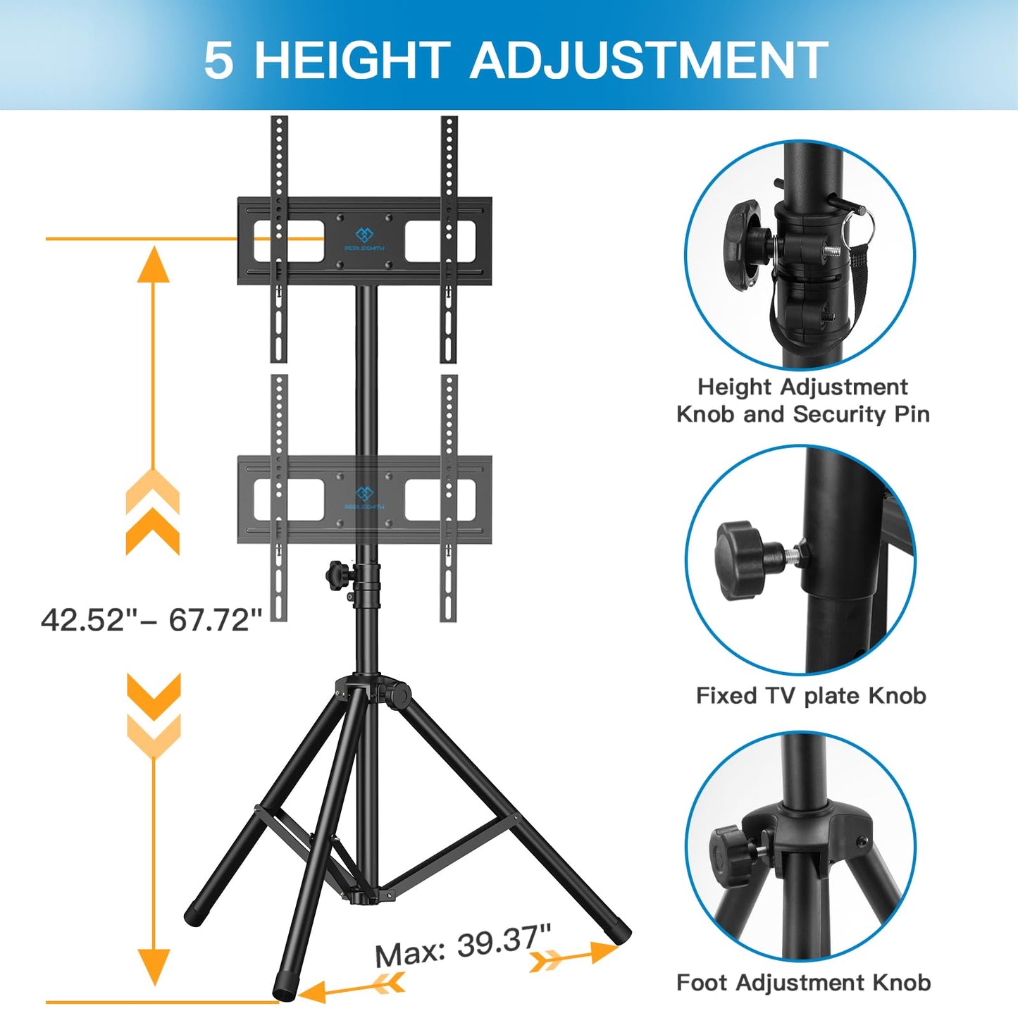 PERLESMITH TV Tripod Stand-Portable TV Stand for 23-70 Inch LED LCD OLED Flat Screen TVs-Height Adjustable Display Floor TV Stand with VESA 400x400mm, Holds up to 88lbs PSTM1