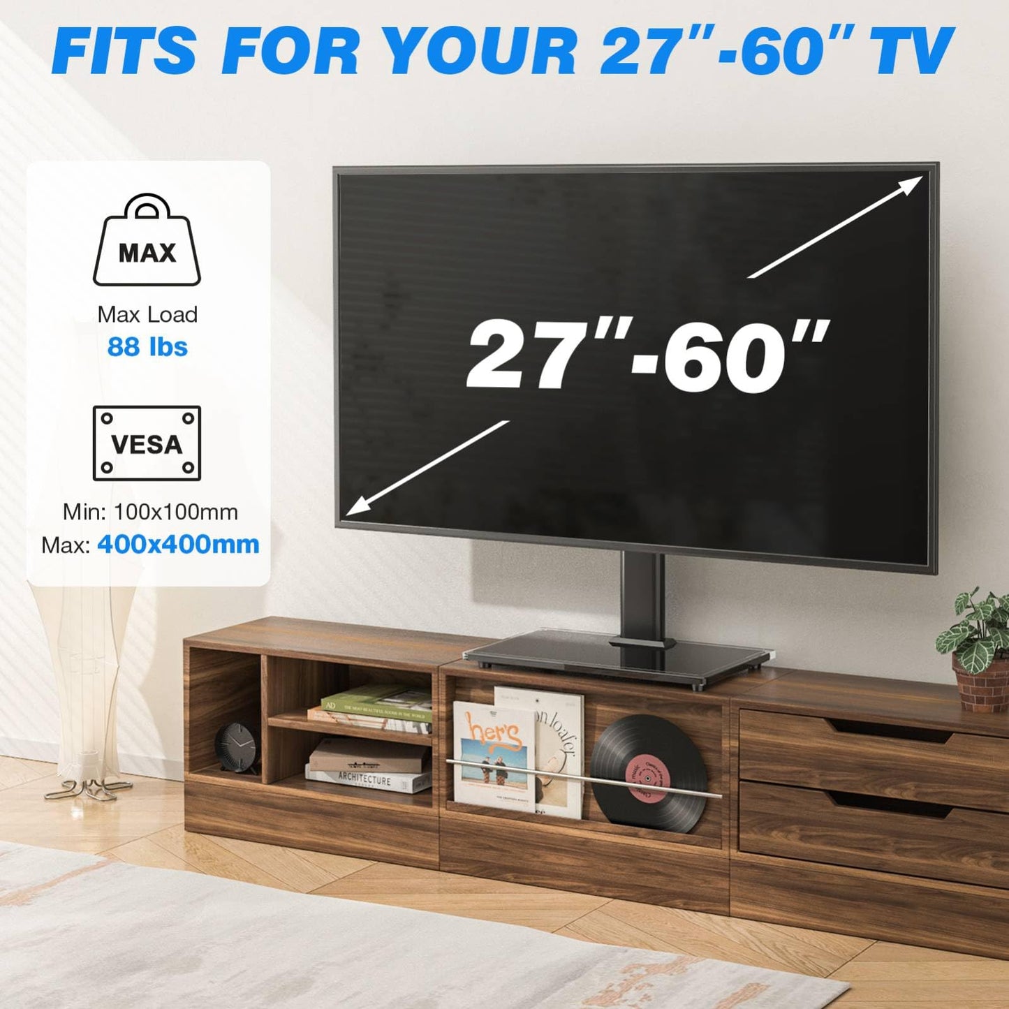 Rfiver Universal Table Top TV Stand TV Base Replacement for Most 27-60 Inch LCD LED Flat Curved Screen TVs Holds up to 88lbs, Height Adjustable TV Mount Stand with Tempered Glass Base, VESA 400x400mm