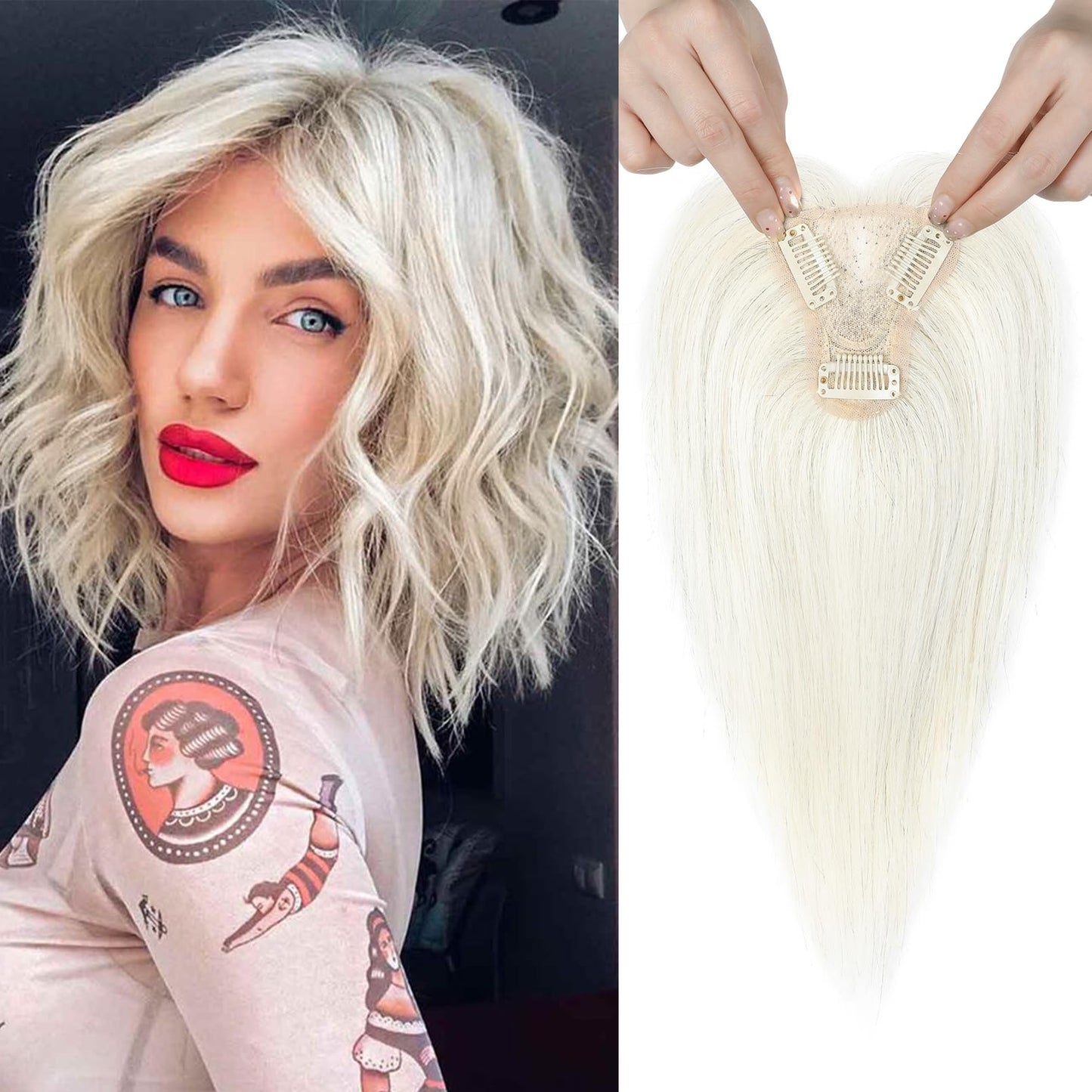 REECHO Real Human Hair Topper, 10 inch Women Hair Toppers for Thinning Hair, 100 Percent Human Hair Large Coverage Natural Hairpiece Wiglet, Standard Base 3.5"x2", Yellow White with Black Strands