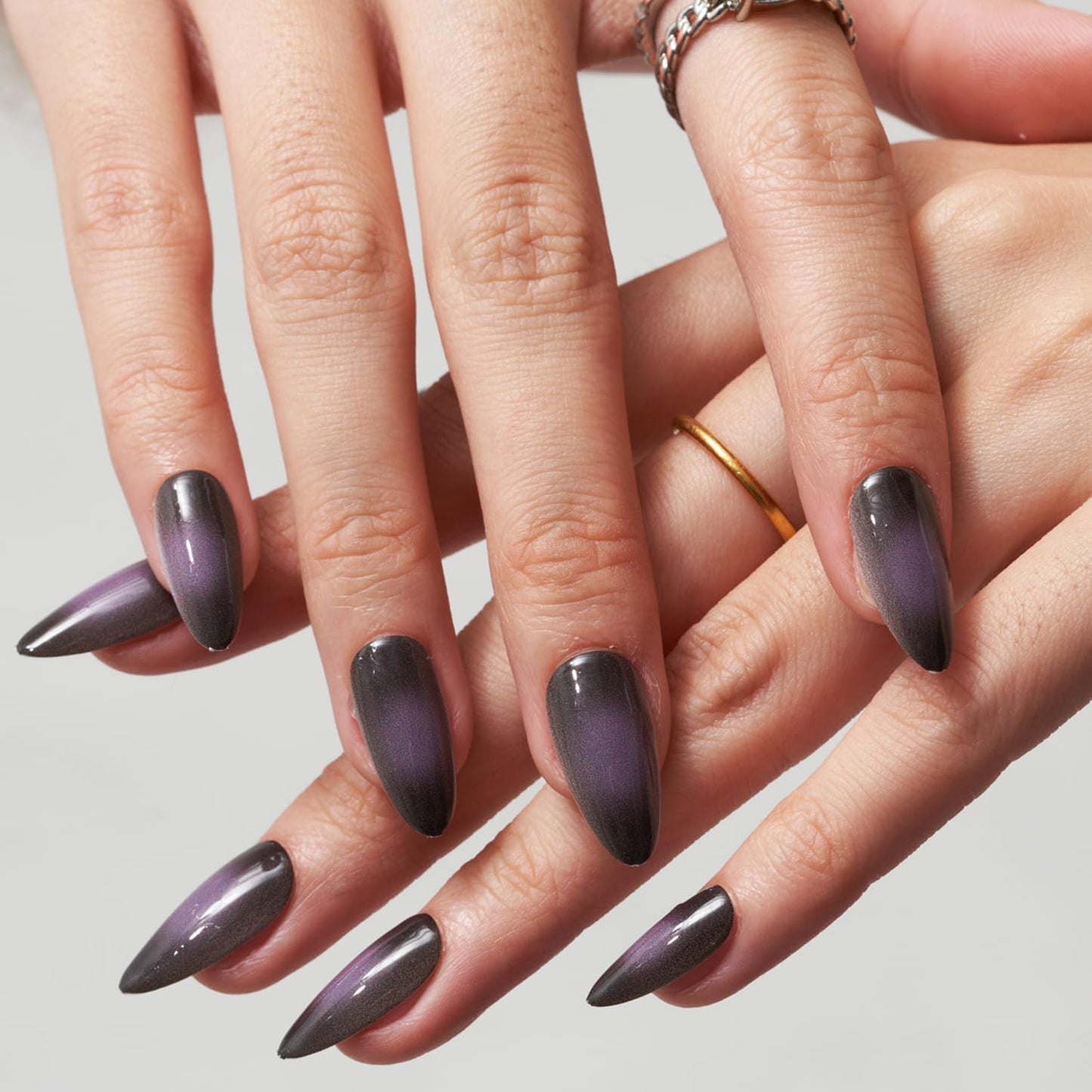 GLAMERMAID Black Pink Ombre Press on Nails Medium Almond, Purple Aurora Fake Crush Nails, Stiletto Fake Nails, Short Oval Stick Glue on Nails Tips for Women, Reusable Acrylic False Nail Kits