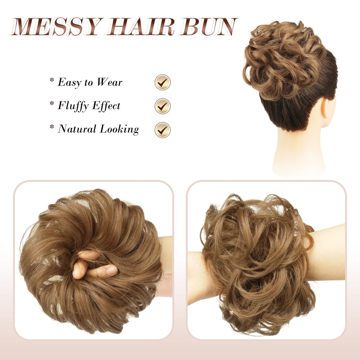 FESHFEN Messy Bun Hair Piece - Elastic Wavy Curly Hair Bun Scrunchies Extensions Synthetic Chignon Hairpieces for Women Girls, Strawberry Blonde 1 PCS