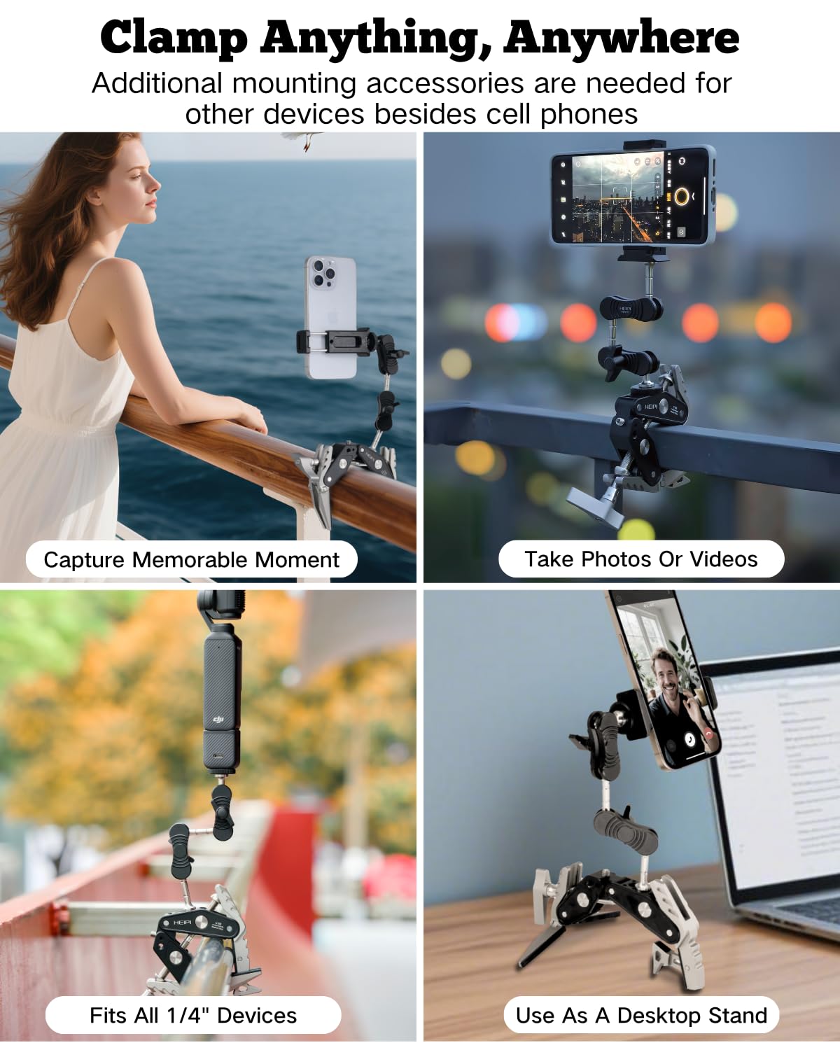 HEIPI Super Clamp Phone Camera Mount Holder [2-in-1 Clamp & Stand] with Four 360°Rotation Long Magic Arm Phone Clip Mount Adapter Holder for Phone/Gopro/Canon/Nikon/Camera/Insta360/Pocket/Action