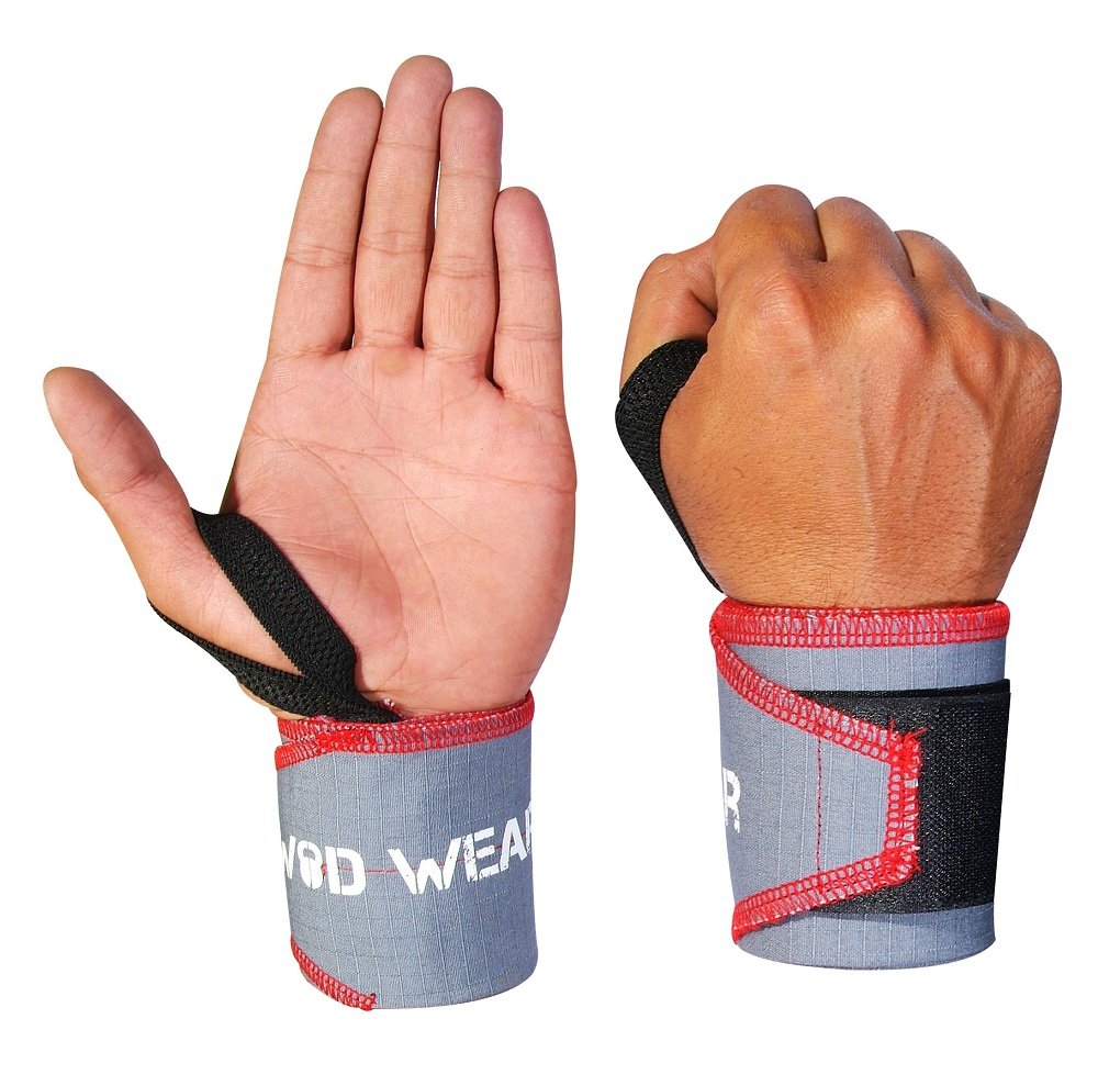 WOD Wear Wrist Wraps with Thumb Loop for Powerlifting, Strength Training, Bodybuilding, Cross Training, Olympic Weightlifting, Yoga - One Size Fits All - (Grey/Red Stitch)