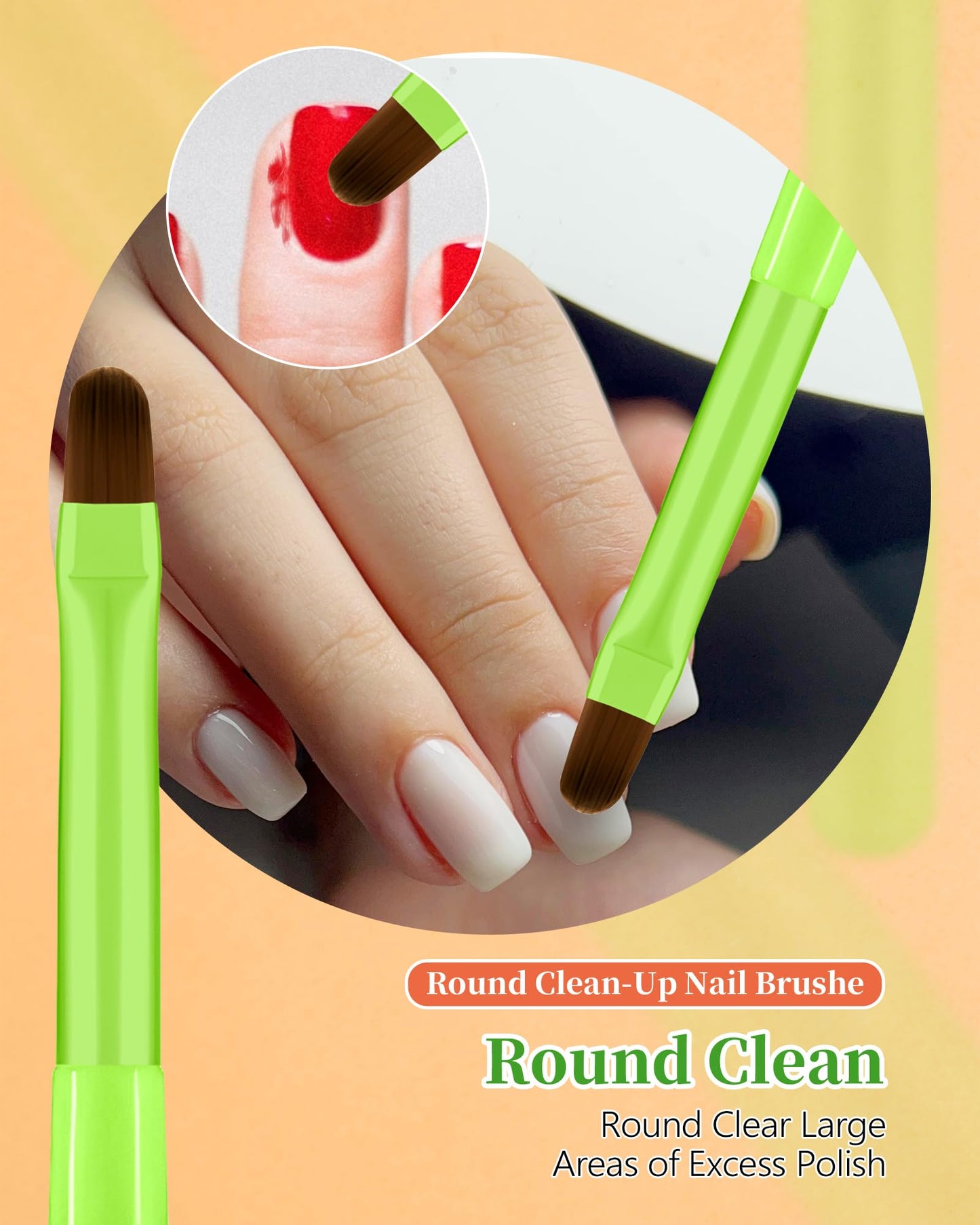 3PCS Nail Polish Clean Up Brush, Round&Falt&Angled Acetone Resistant Nail Brush for OPI Nail Polish Remover, Fingernail Cleaning Brushes at Home Nail Art and Designs(Bright Green)