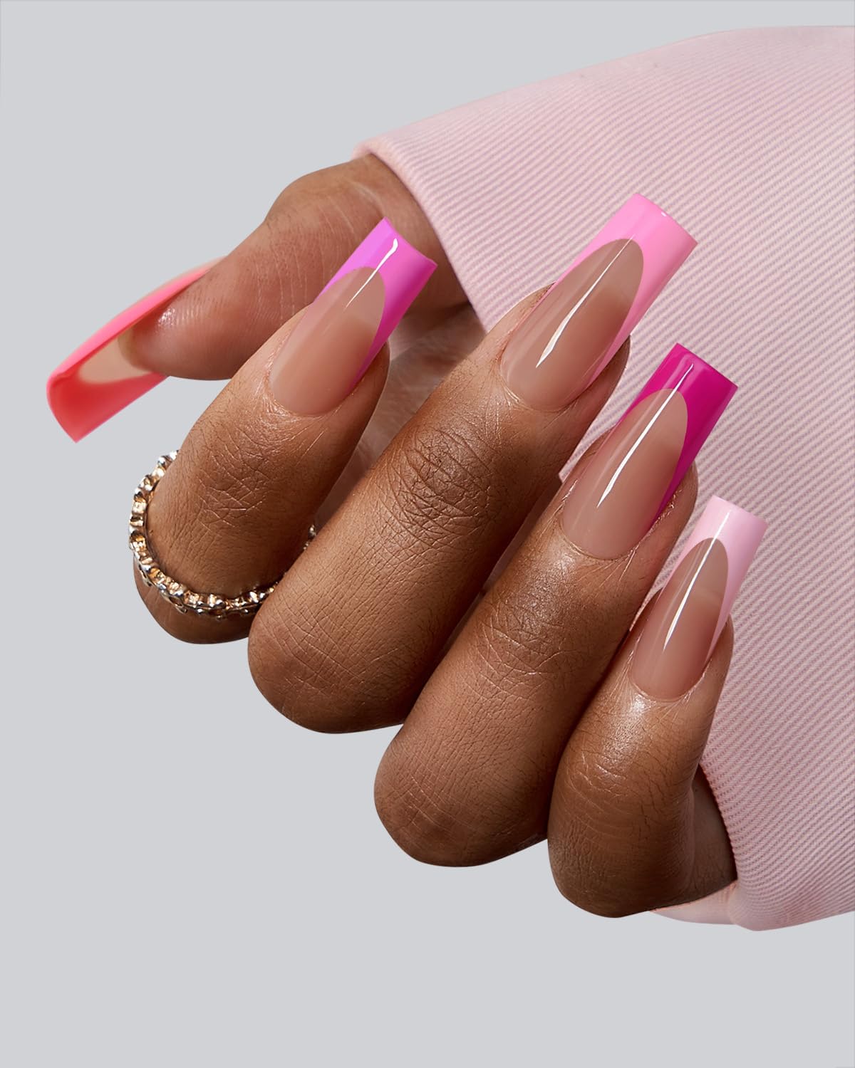 BTArtboxnails XCOATTIPS Pink French Tip Press On Nails - Long Press On Nails Square, Soft Gel Nail Tips, 150Pcs Soak Off Acrylic Brown Fake Nail Extension in 15 Sizes