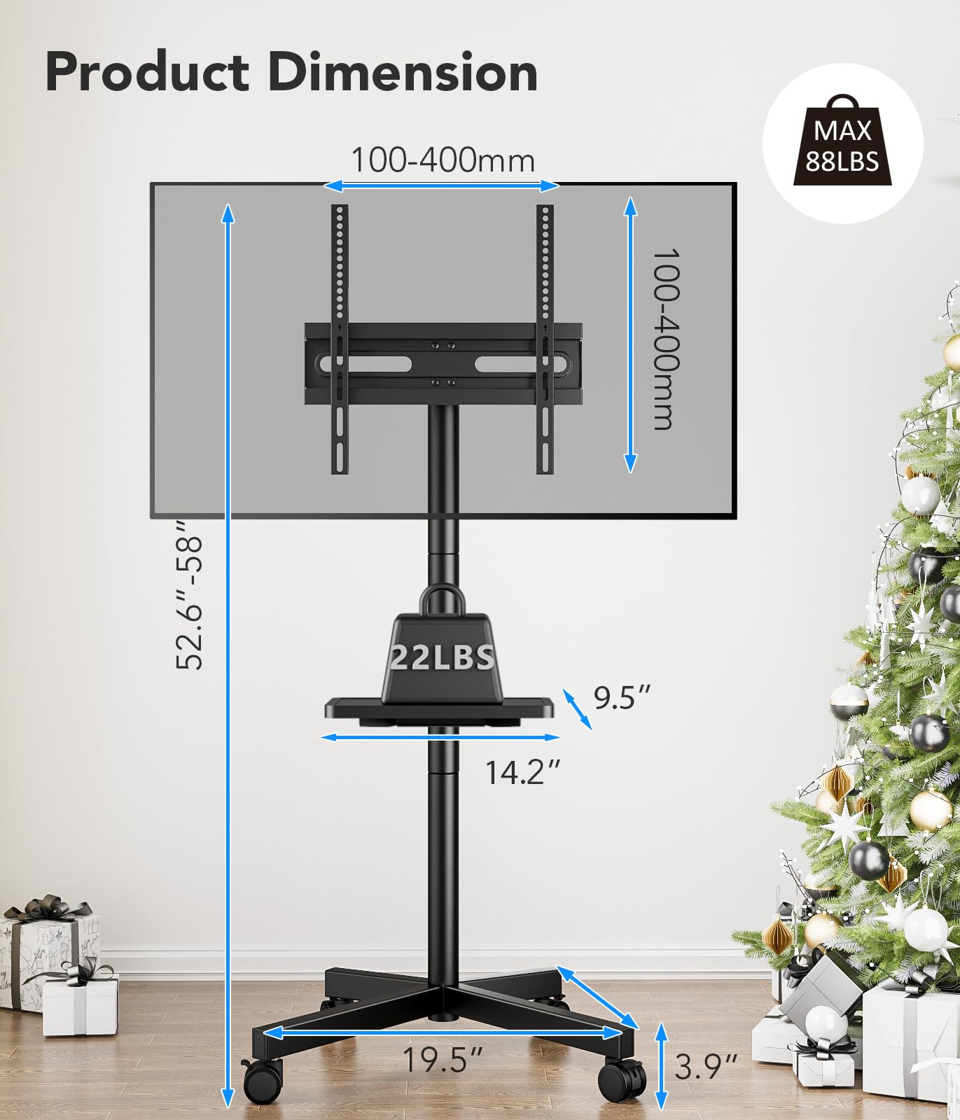 AX WABER Mobile TV Stand for 23-60 Inch LCD LED Flat/Curved Panel Screen TVs, Rolling TV Cart Holds up to 88Lbs Portable Stand with Shelf Rolling Floor Max VESA 400x400mm