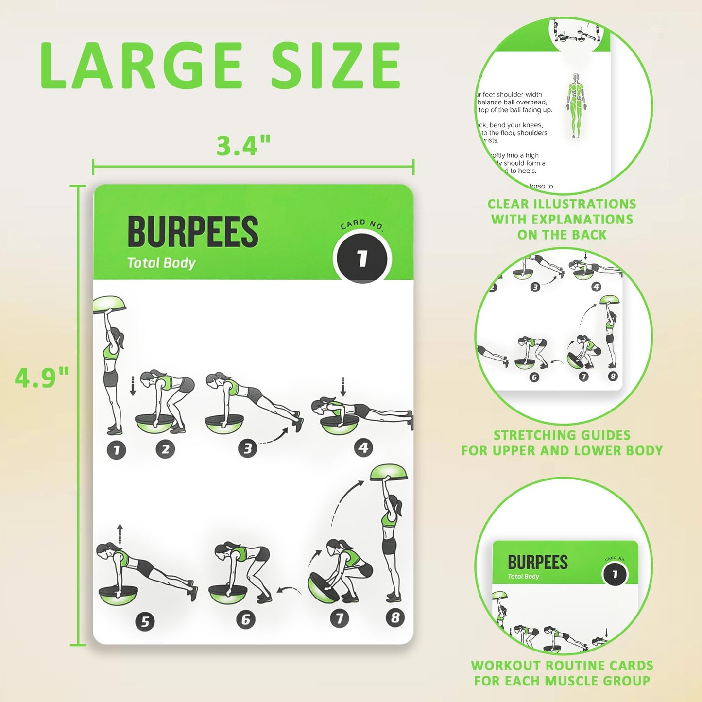 MOVASEE Half Balance Ball Workout Cards, 62 Exercises Cards Deck Large Size 5" x 3.5" Fitness Cards for Women & Men, Beginner Fitness Guide to Training Exercises at Home or Gym
