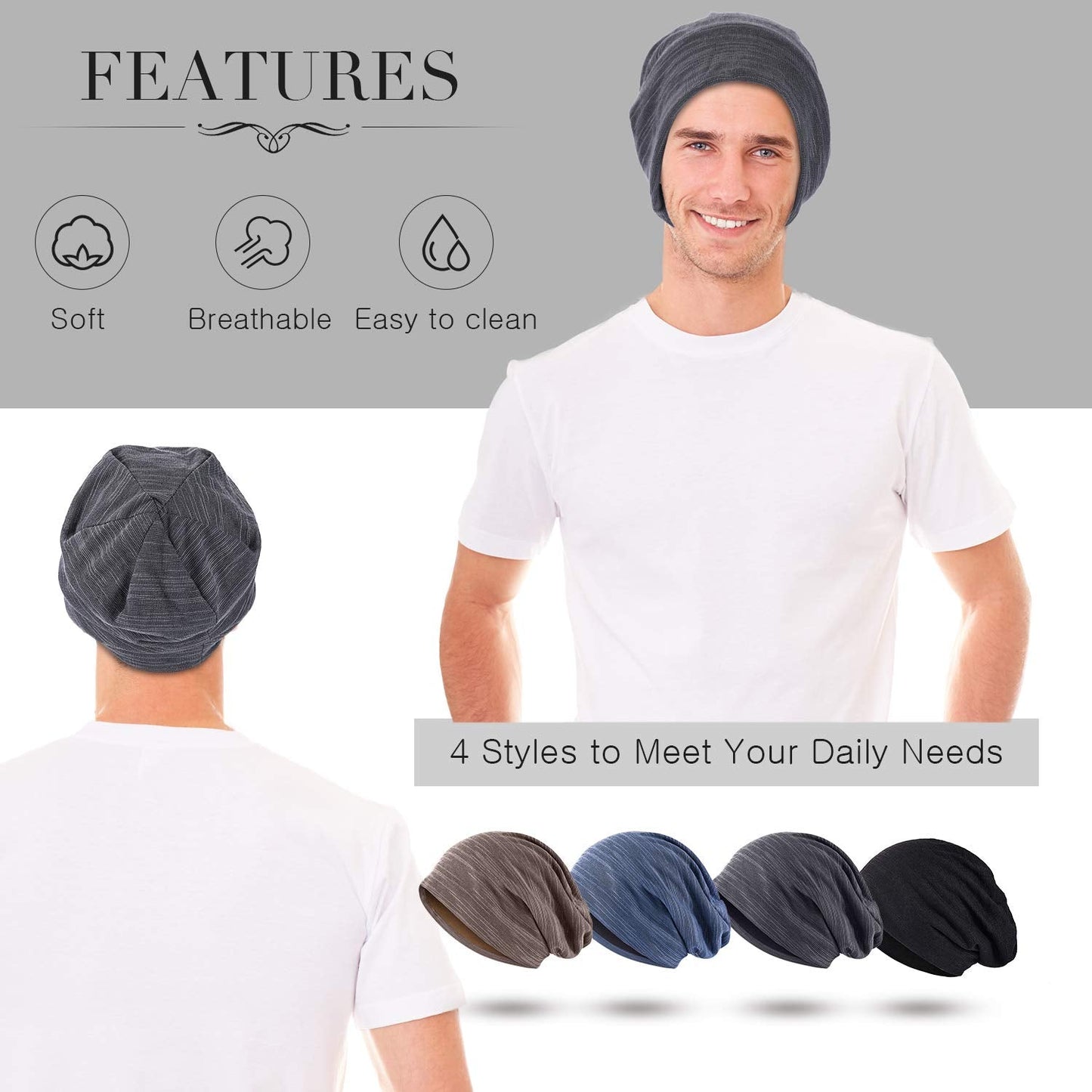 SATINIOR 4 Pieces Sleeping Cap Beanie Hat for Men Women Slouchy Beanie Baggy Skull Cap Summer Winter Knit Hat (Blue, Black, Gray, Khaki)