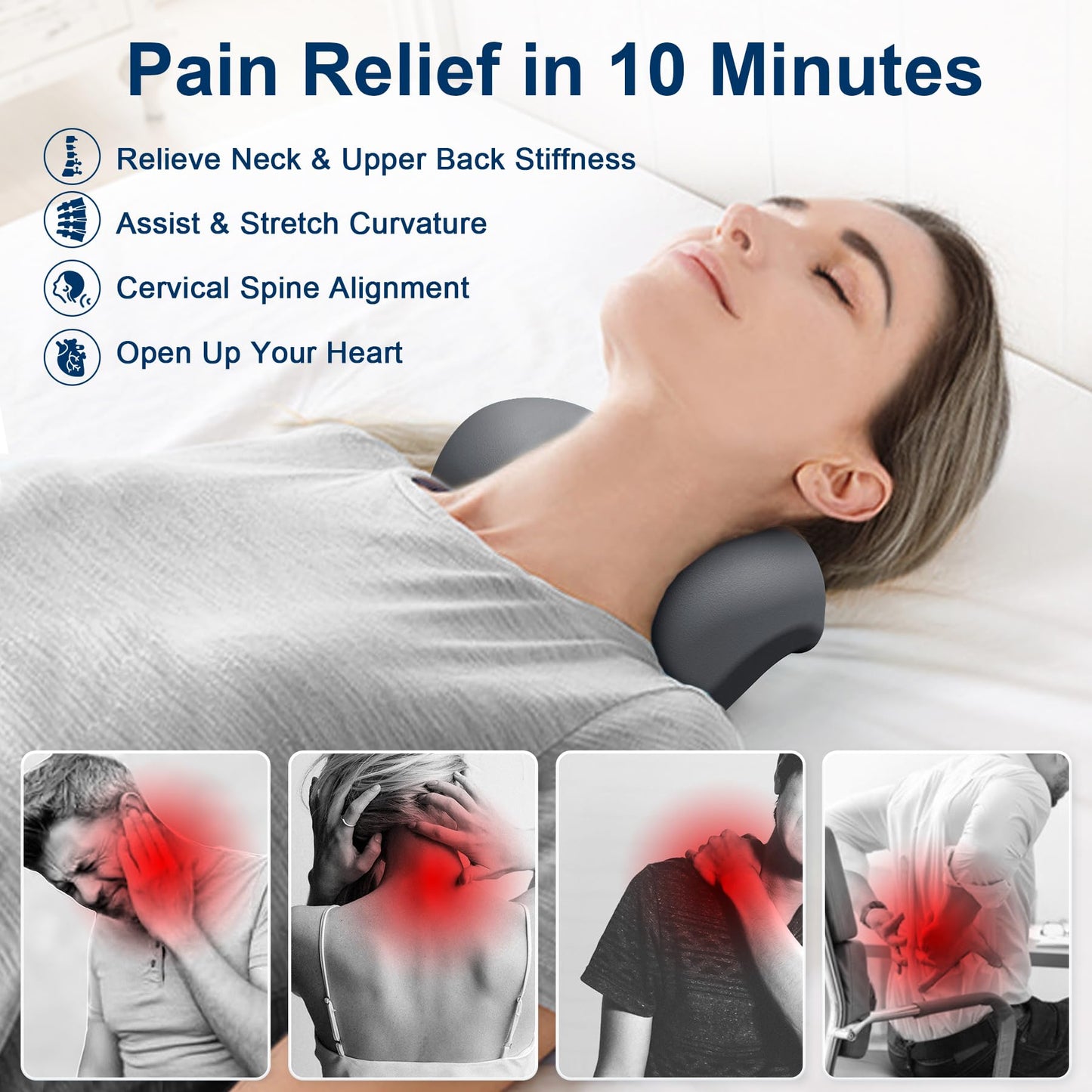 Neck and Shoulder Relaxer with Upper Back Massage Point, Cervical Traction Device Neck Stretcher for TMJ Pain Relief and Cervical Spine Alignment Chiropractic Pillow (Grey)