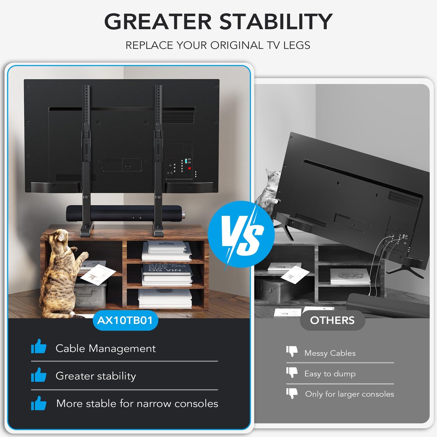 Universal TV Stand, Table Top TV Stand Base Replacement for Most 37 to 86 Inch LCD LED TVs, 7 Height Adjustable TV Legs with Cable Management Hold up to 150lbs, Max VESA 800x600mm, Black AX10TB01