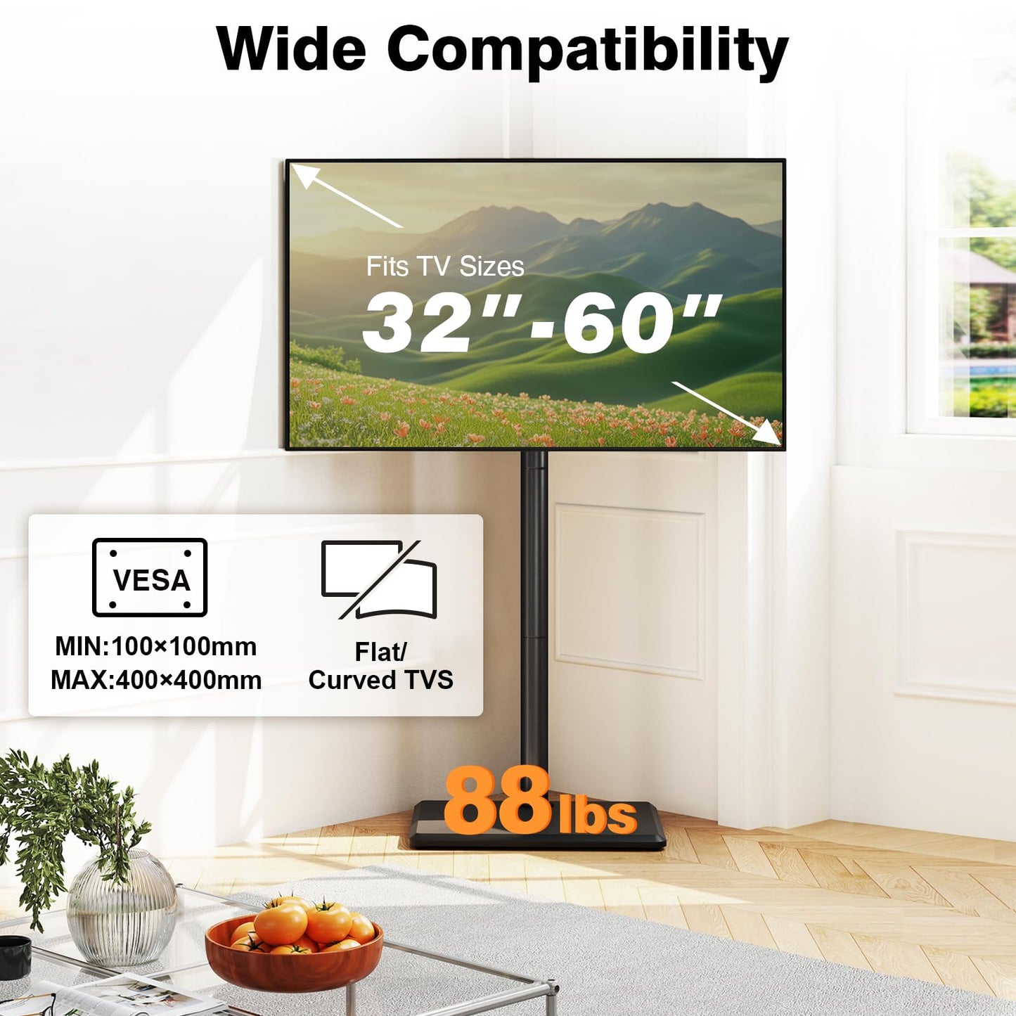 TVON Swivel Floor TV Stand with Mount for Most 32-60 Inch TVs up to 88 lbs, Height Adjustable TV Floor Stand Mount with Wood Base, Tall TV Stand for Bedroom, Corner & Living Room, Max VESA 400x400mm