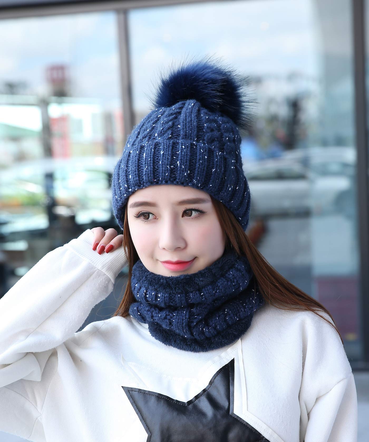 Home Prefer Womens Winter Beanie Hat Scarf Set Warm Fuzzy Knit Hat Neck Scarves (B-Navy Blue)