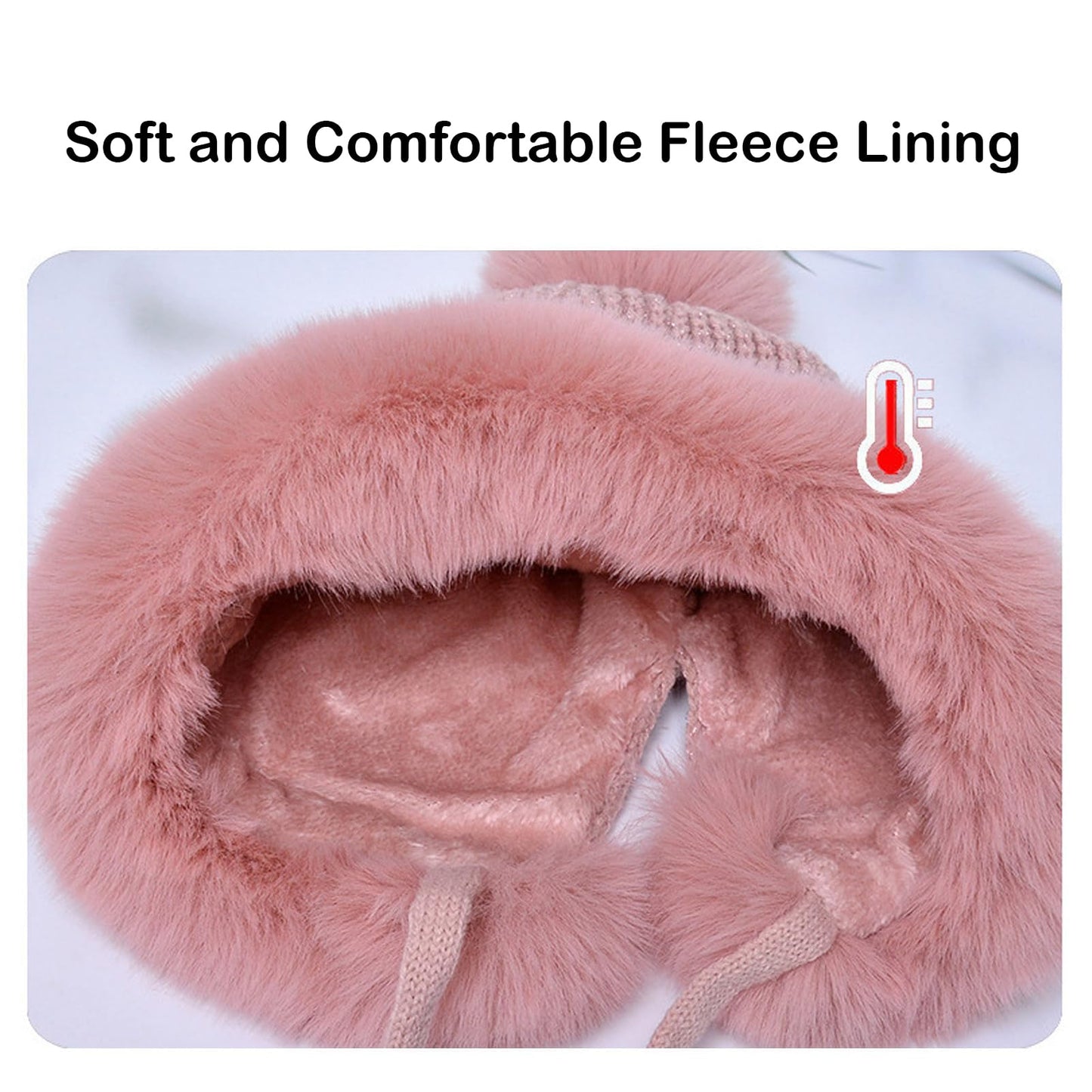 Fluffy Cat Ear Beanie Hats for Women Pompom Knit Skull Cap Winter Outdoor Warm Fleece Lined Earflaps Snow Hat