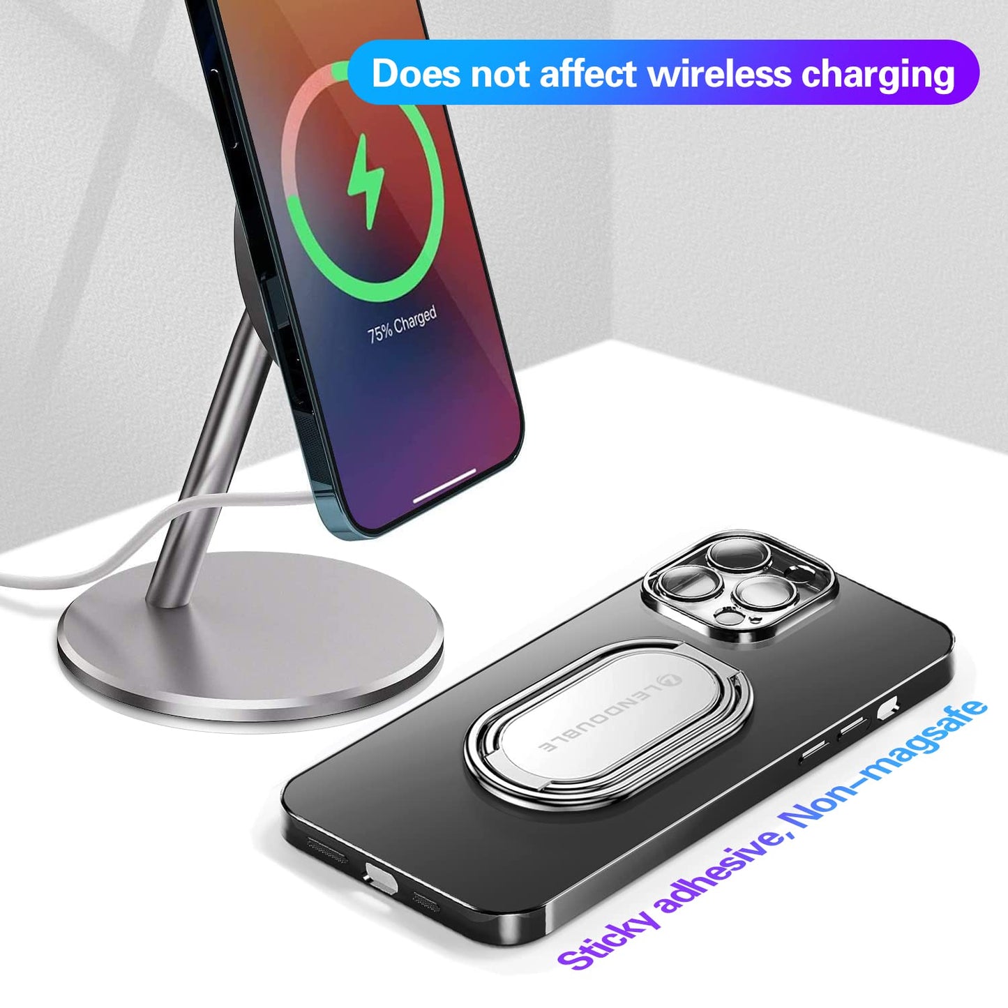 Foldable Cell Phone Stand for Desk, Adjustable Cellphone Ring Holder Finger Kickstand for Office Desktop & Magnetic Car Mount, Rotatable Multi-Angle Hand Grip for iPhone 16 15 Smartphones Back Case