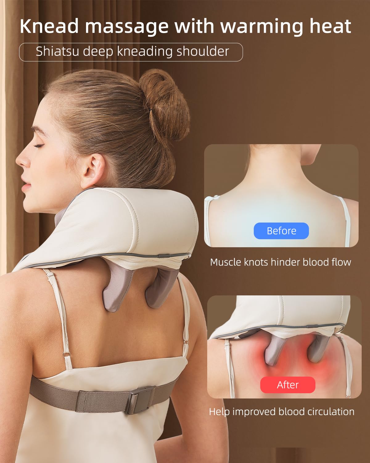 PERLEVI Neck Massager for Pain Relief deep Tissue Relieves Tension Kneading Massager with Heat Improves Circulation Eases Muscle Soreness,Ideal Gifts(Beige)