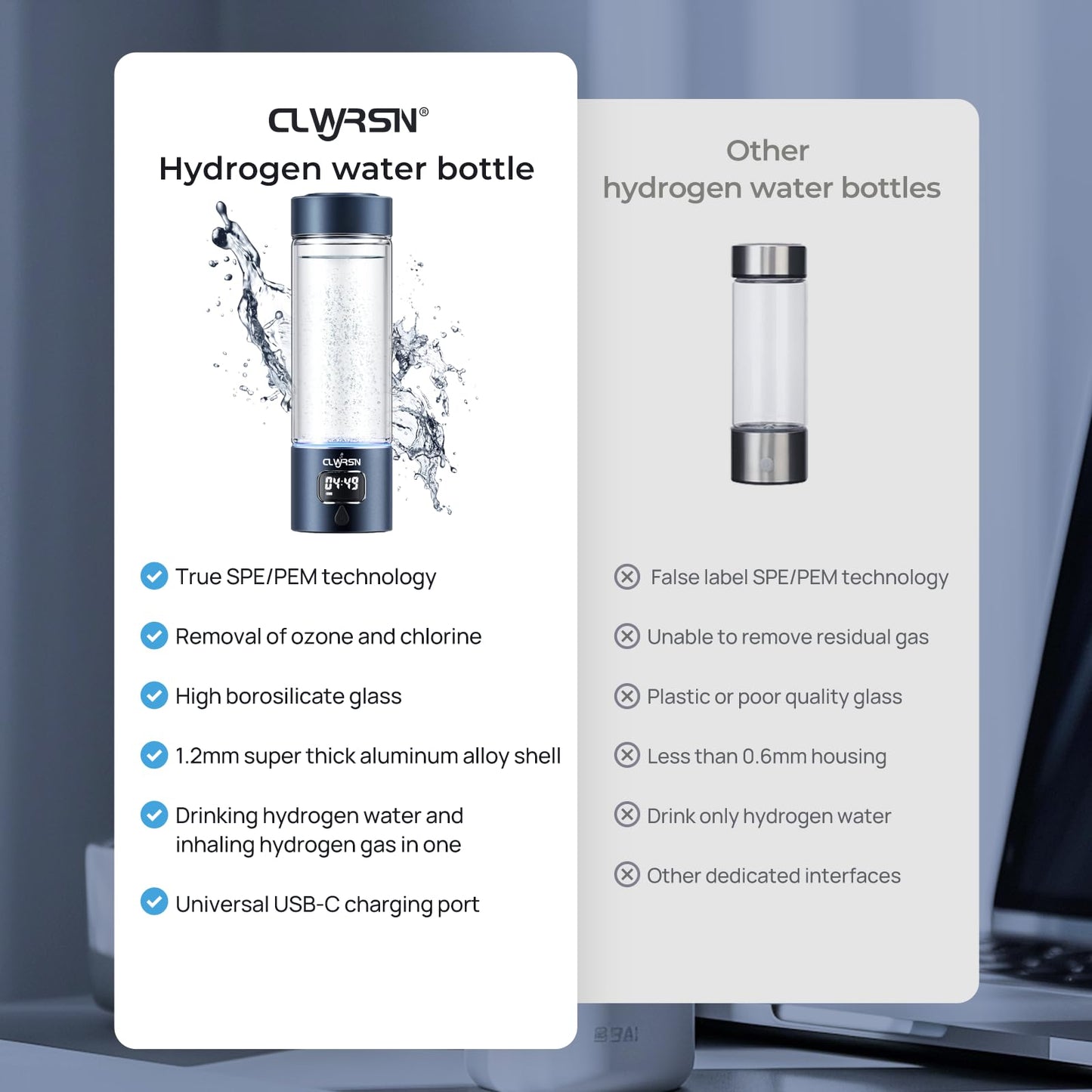 Hydrogen Water Bottle, Portable Glass Hydrogen Water Bottle Generator-SPE/PEM Technology-Athletic Performance & Hydration System, 11.5 oz Capacity，Ideal for Outdoor Home and Office Use(Blue)