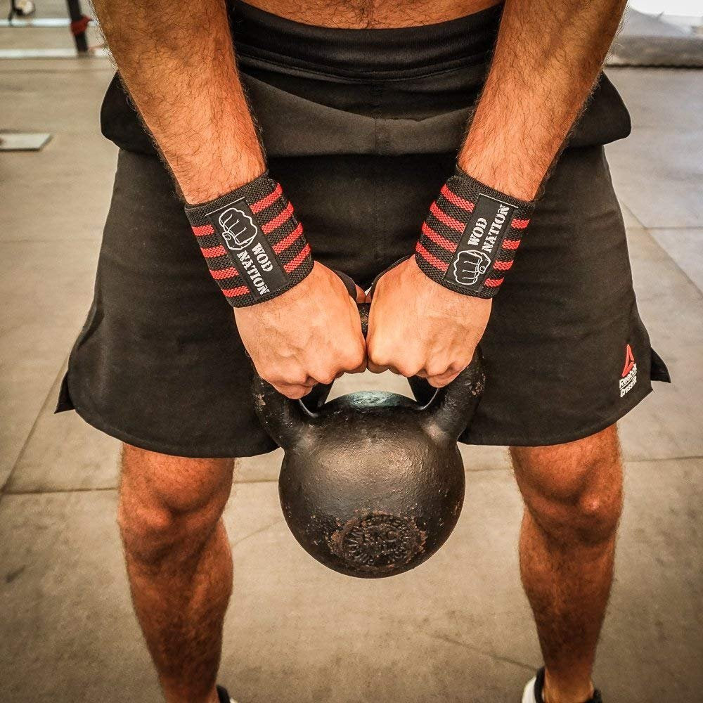 WOD Nation Wrist Wraps for Weightlifting, 12” Professional Gym Wrist Straps w/Thumb Loop Men & Women, Wrist Support Wraps for Strength Training, Powerlifting & Bodybuilding (Black/Red)