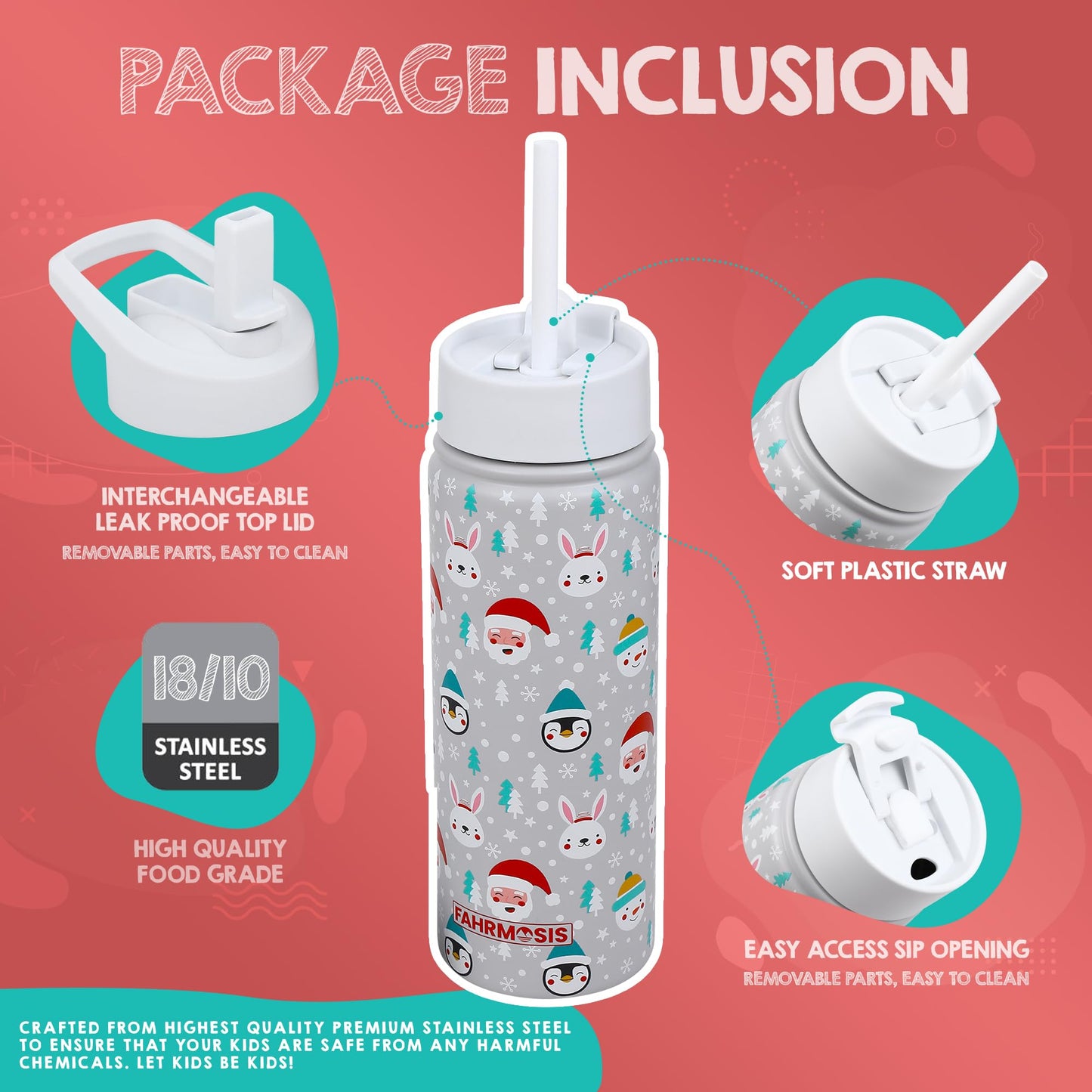 FAHRMOSIS 18 oz Kids Water Bottle | Insulated Water Bottle with Straw & 2 Lids | Reusable Double Insulated Water Bottle - Leakproof Kids Water Bottle for School & Outdoor Activities - White (Winter)