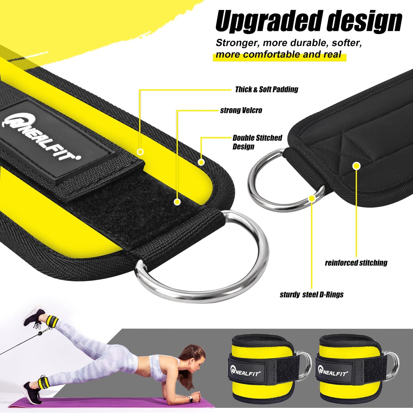 NEALFIT Ankle Strap for Cable Machine, Gym Ankle Cuff for Kickbacks, Leg Extensions, Glute Workouts, Booty Hip Abductors Exercise for Women and Men (Pair, Yellow)