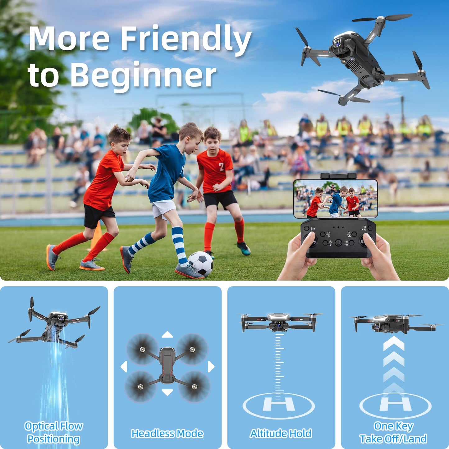 Drone with Camera for Beginner,Brushless Motor 1080P HD Drones for Adult&Kids, Drone with Optical Flow Localization, Altitude Hold, RC Quadcopters Drone with Obstacle Avoidance &One Key Take Off/Land(2 1800mAh battery)