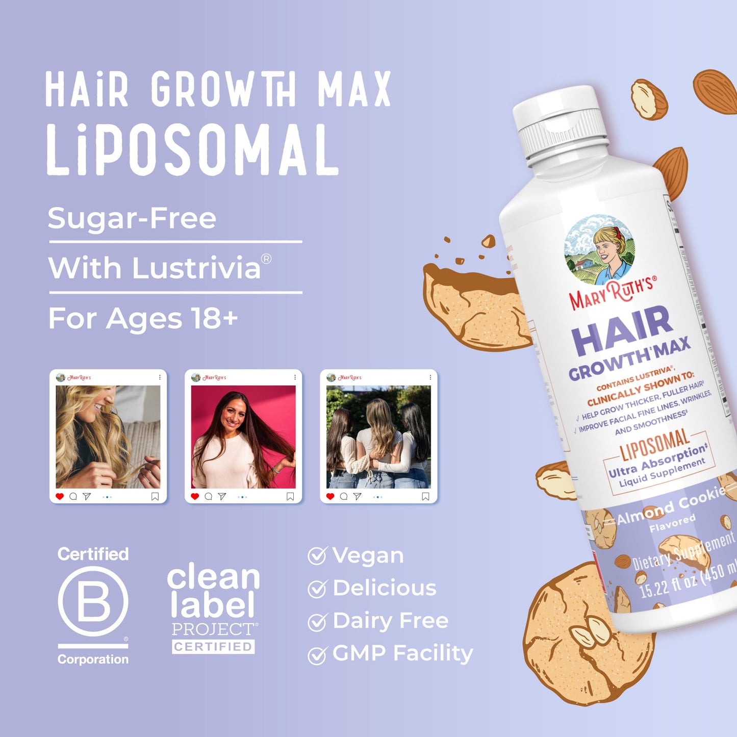 MaryRuth Organics Women's Hair Growth MAX Liposomal | with Lustriva® Biotin 10000mcg Pumpkin Seed Oil| Thicker Hair | Hair Care | Wrinkles, Fine Lines, Skin Care | Ages 18 | 15.22 Fl Oz