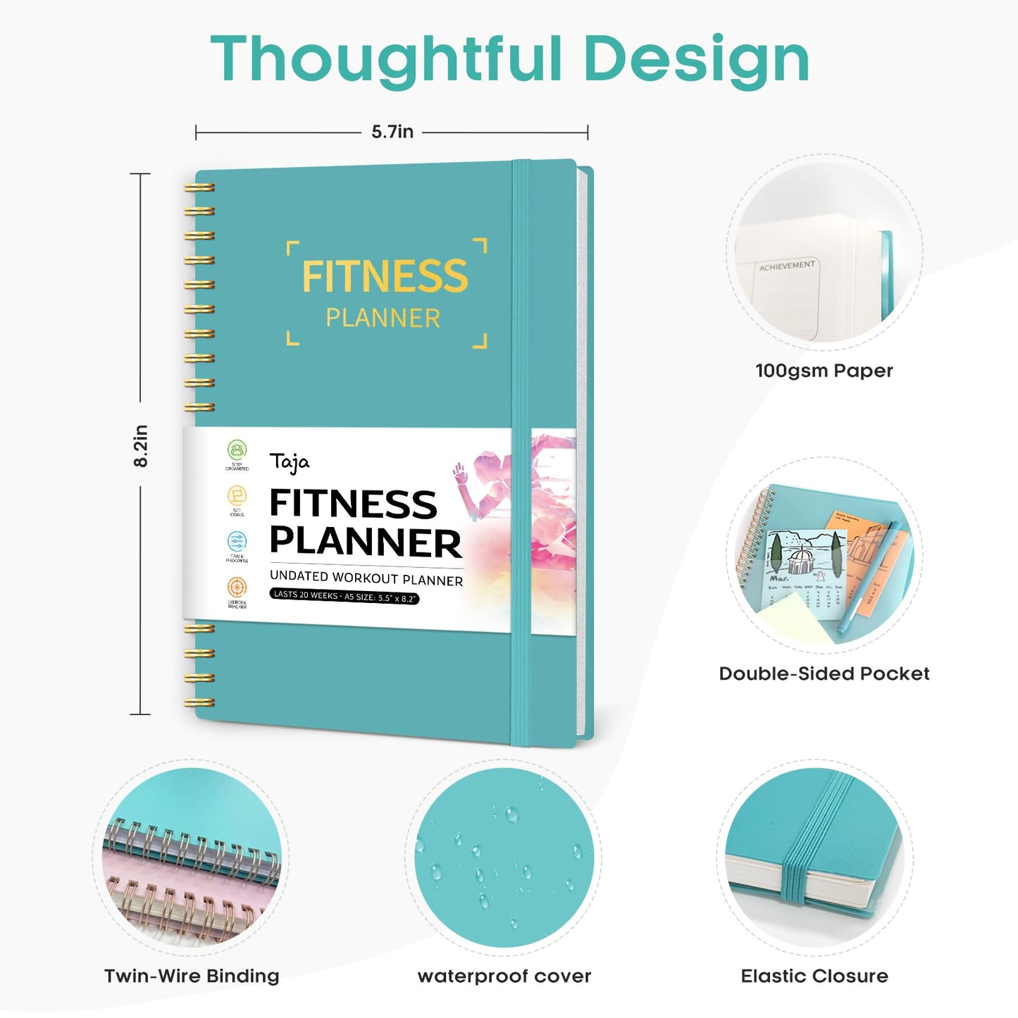Fitness Workout Journal for Women & Men, A5(5.5" x 8.2") Workout Log Book Planner for Tracking, Progress, and Achieving Your Wellness Goals-Blue