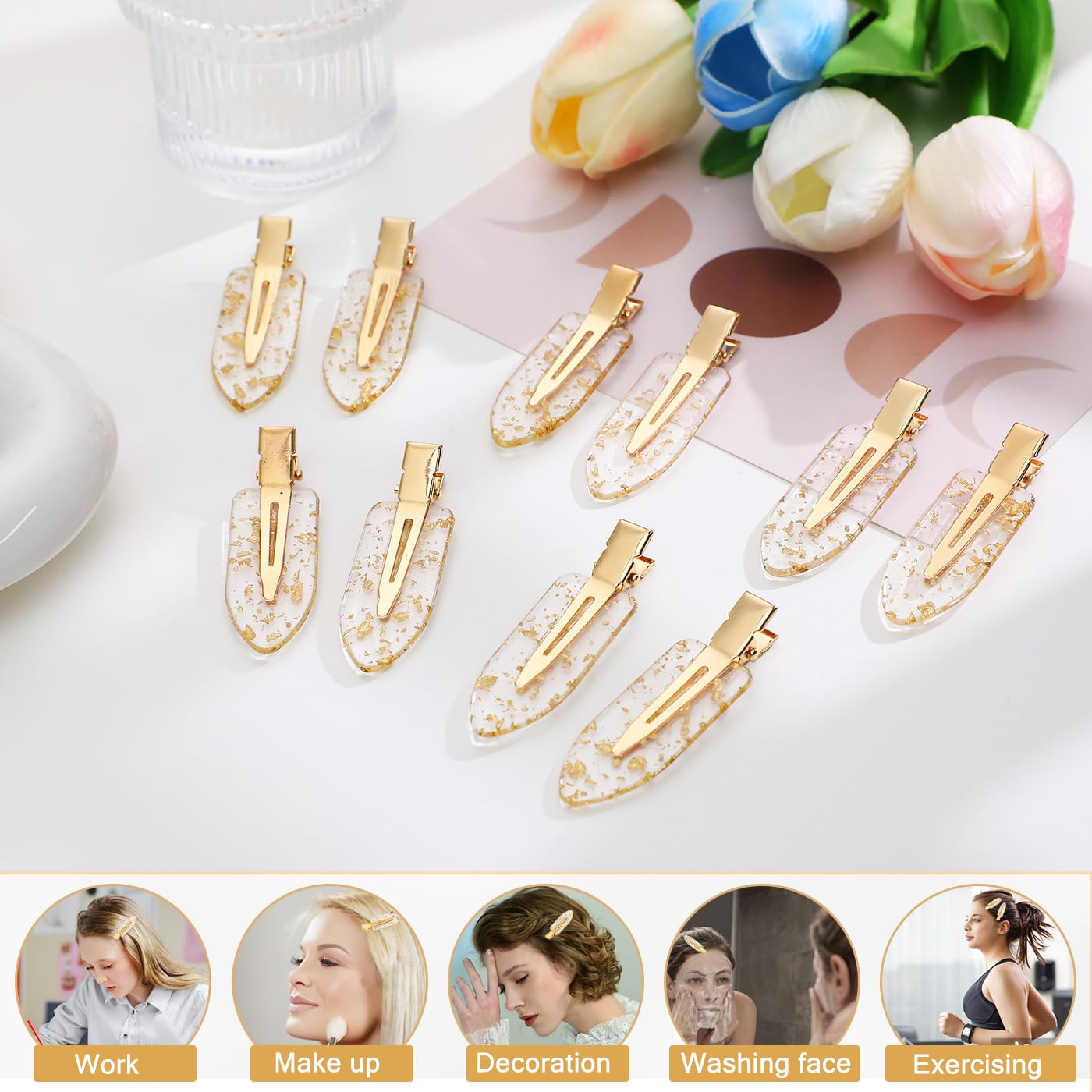 KesaPlan 12PCS No Bend Hair Clips, Gold Glitter No Crease Hair Clips for Styling, Creaseless Flat Duckbill Hair Barrette for Makeup, Hairstyle Accessories for Women Girls Bridesmaid Gifts