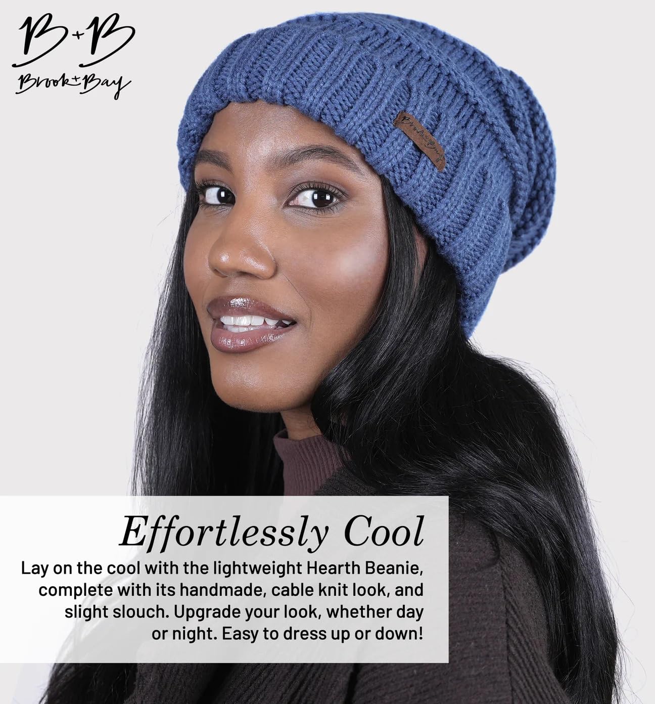 Tough Headwear Brook + Bay Slouchy Beanie, Women's Winter Hats for Cold Weather, Oversized Knitted Hats Denim Blue