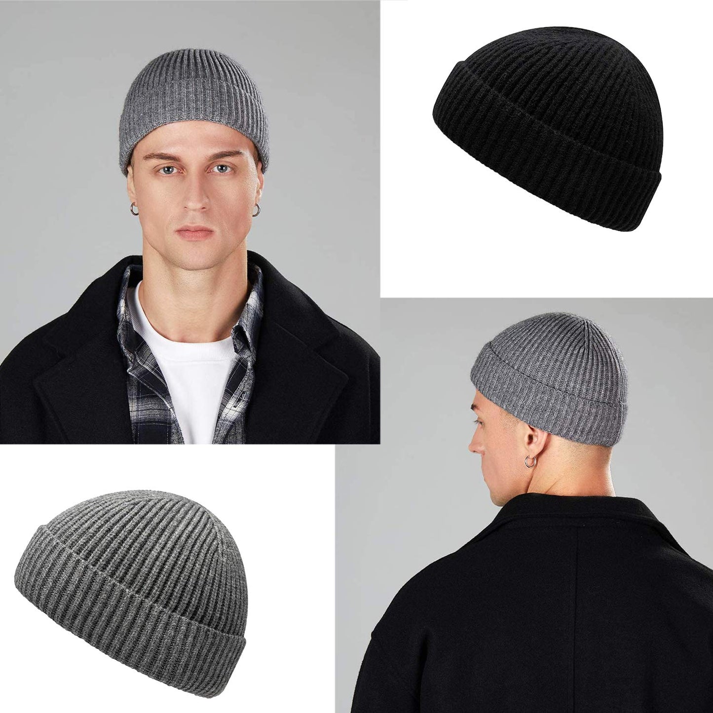 TOPSEM 2 Pieces Trawler Beanie Watch Hat Roll up Edge,Winter Warm Knit Beanie Caps,Skullcap Fisherman Watch Beanie Unisex for Men Women,Soft and Durable（Black+Grey）