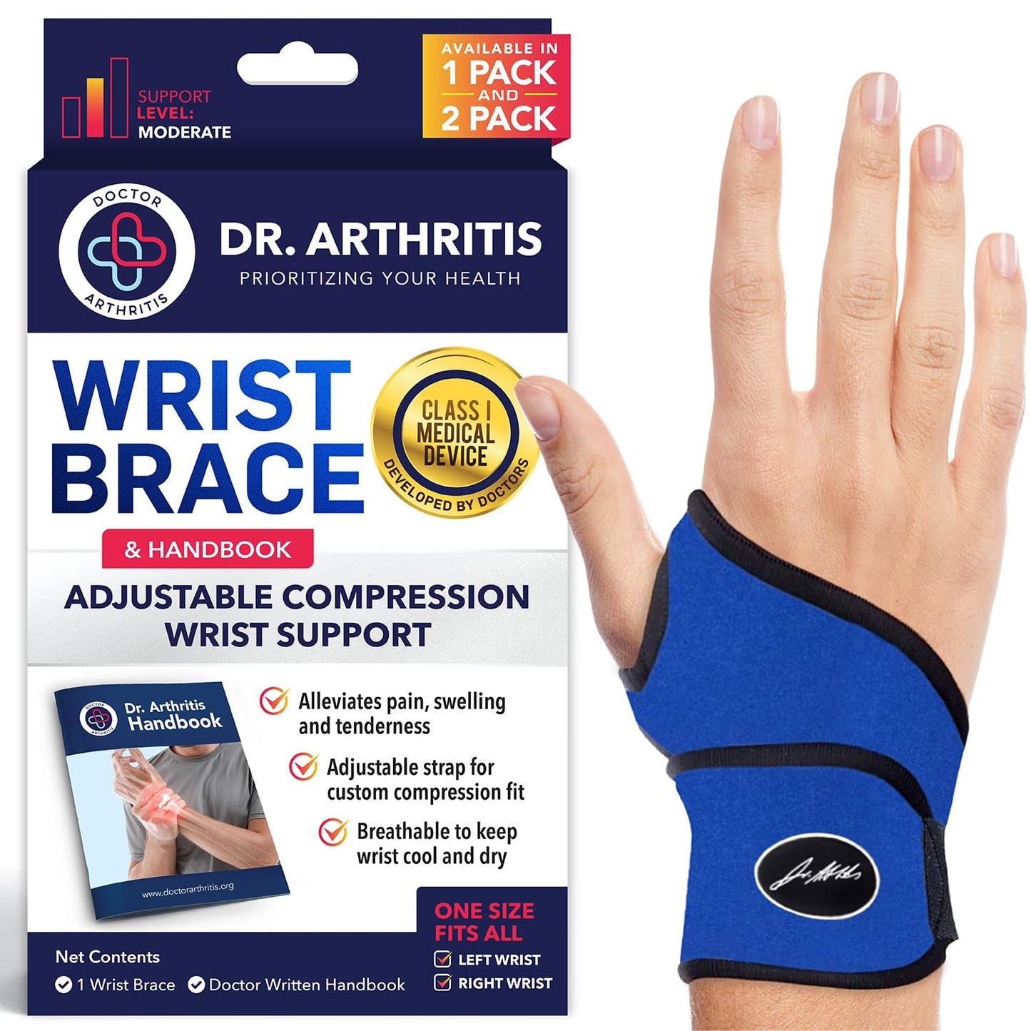 Doctor Developed Wrist supports/Wrist brace - Relief for carpal tunnel, wrist injuries, wrist support for arthritis, hand support, hand & wrist braces, wrist strap and Doctor Handbook (Blue, Single)