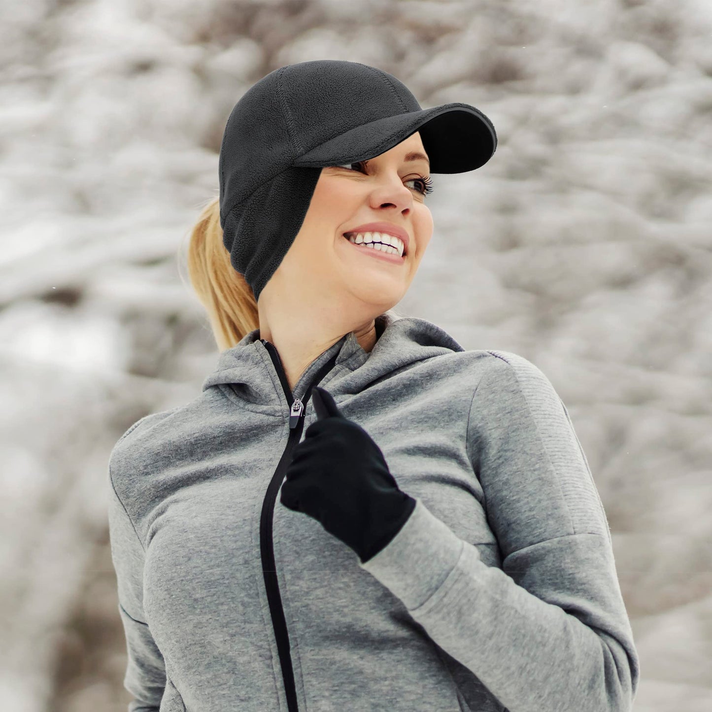PivotWing Winter Ponytail Hats for Women, Winter Running Gear Ear Warmer Hat with Ponytail Hole for Women Fleece Pony Cap Baseball Hat with Earflap Ear Muffs for Fall Hiking Walking, Dark Grey XS/S