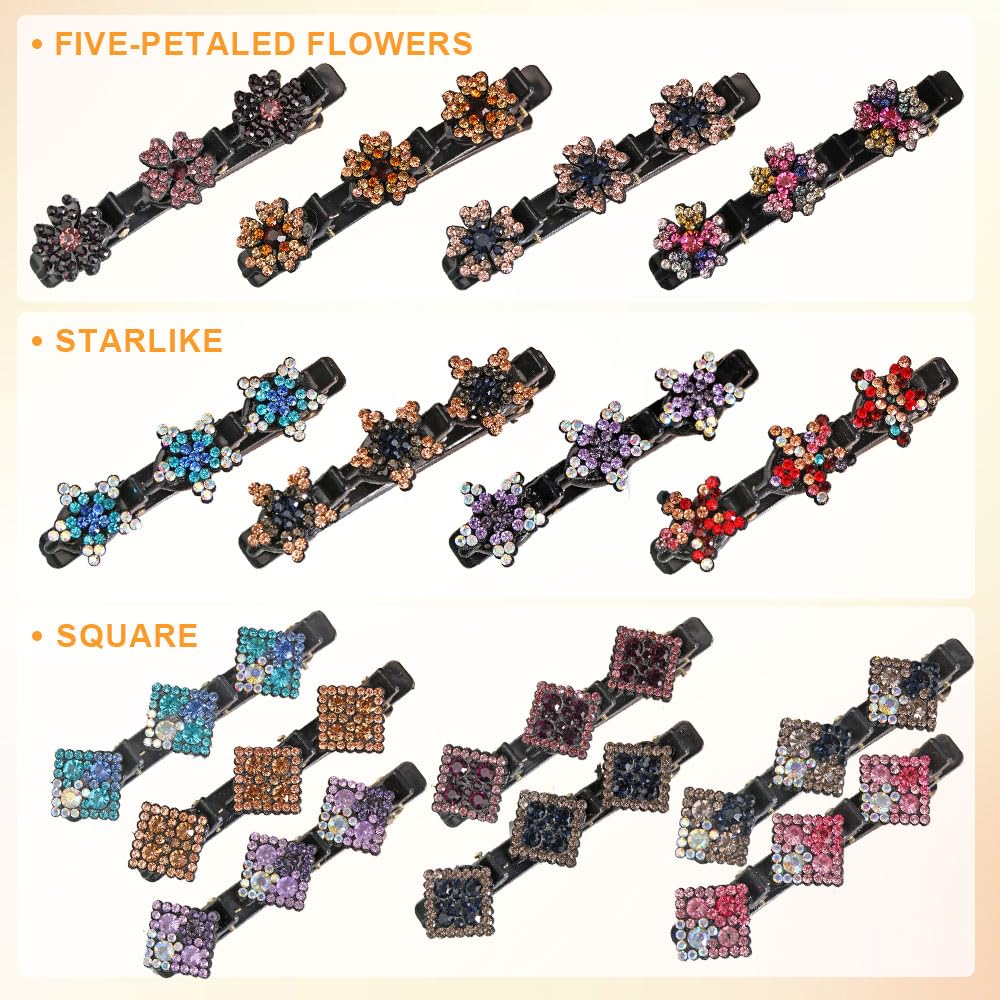 Sparkling Crystal Stone Braided Hair Clips, Women's and Girls' Duckbill Clips (Flower-D)