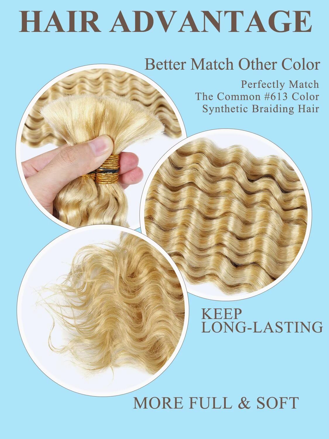 613 Blonde Braiding Hair 100g 16 Inch Deep Water Wave Bulk Human Hair for Braiding No Weft Bundle Brazilian Virgin Curly Human Hair Extensions for Boho Braids Wet and Wavy Human Braiding Hair
