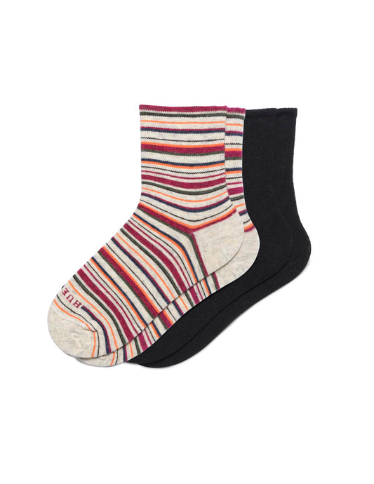 HUE Women's Merino Wool Warm Winter Mini Crew Breathable Natural Temperature Regulating Athletic Socks, Multi Stripe-2 Pair Pack, One Size