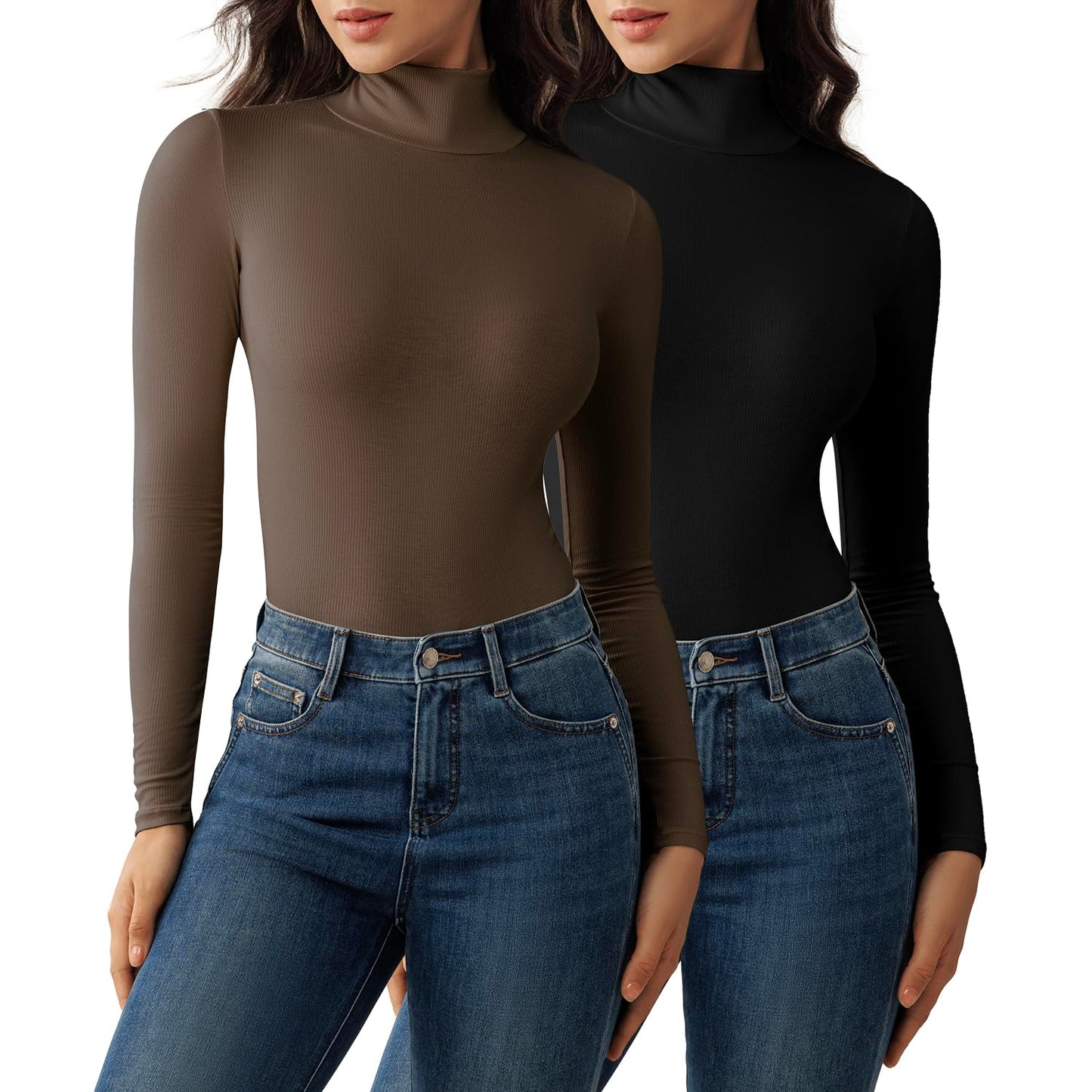 Bonneuitbebe Women's Ribbed Turtleneck 2 Pack Long Sleeve Shirts Basic Fitted Layering Tops Large