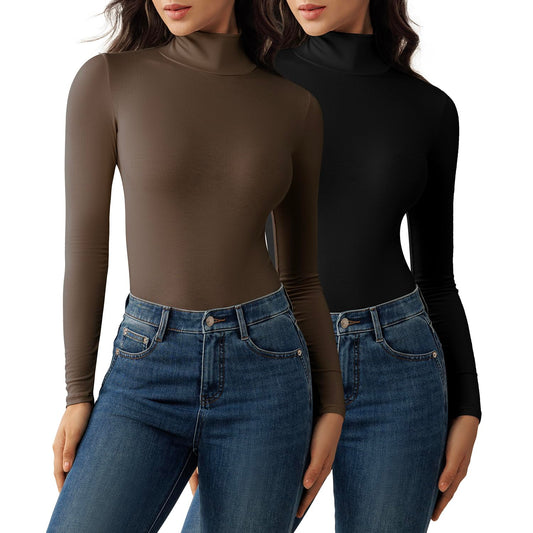 Bonneuitbebe Women's Ribbed Turtleneck 2 Pack Long Sleeve Shirts Basic Fitted Layering Tops Large